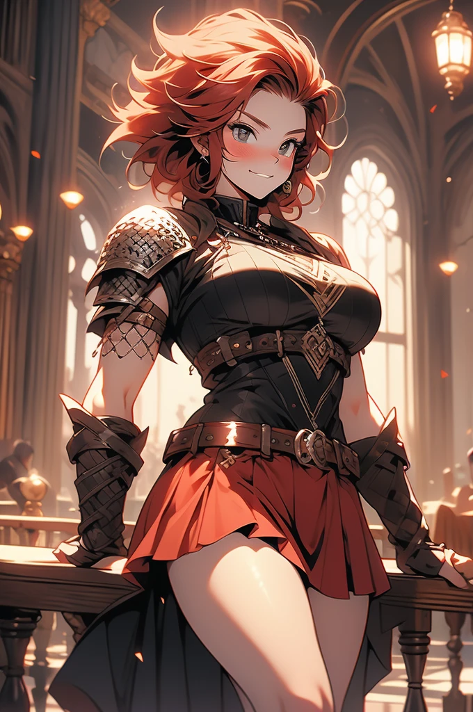 norse princess, short red hair, mohawk, grand hall, big breasts, tomboy, chainmail, smirk, blush, brave pose, miniskirt, voluptuous