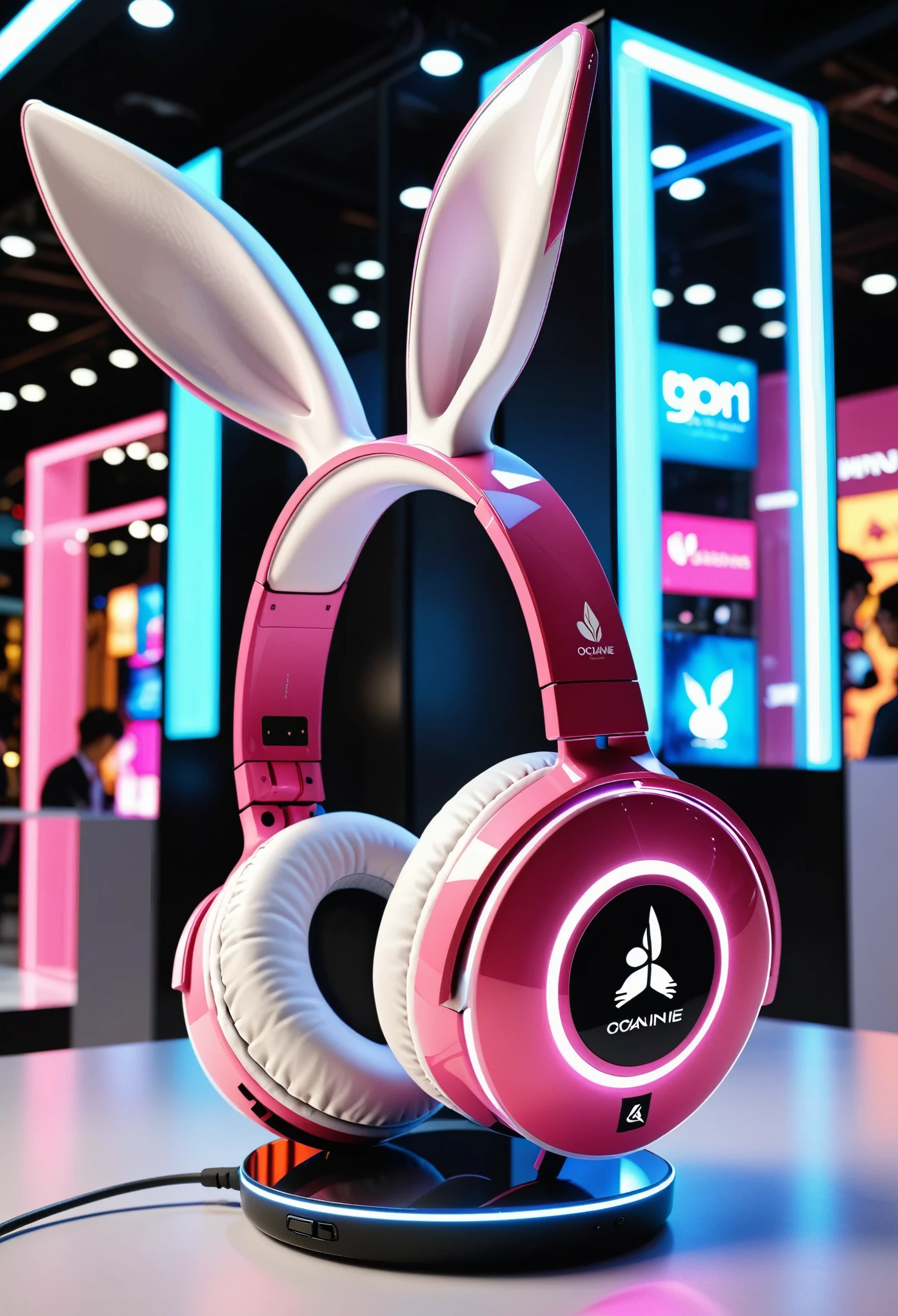 Headphone design,Concept Design,(Bunny ears风格的耳机,Bunny ears:1.2),Pink and white,Future technology style,Streamlined appearance,Made of carbon fiber material,Rabbit pattern,3D Rendering,Unreal Engine 5,Octane Rendering,Ultra-high resolution,In a glass case on the exhibition stand,Luminescence,Indoor lighting,Maximalism,stores background,Front view