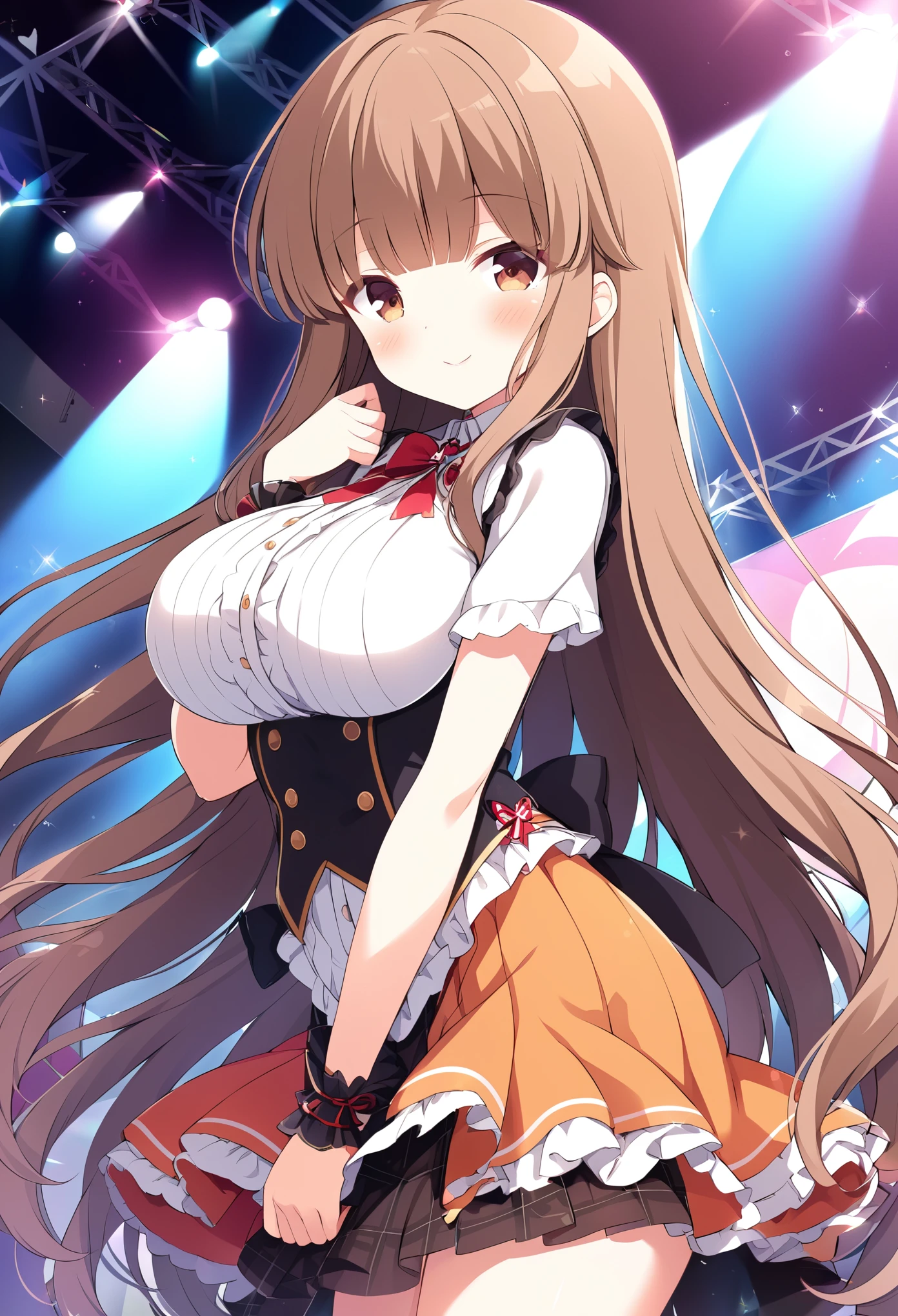 ARISUGAWASAEKO, LIGHT BROWN HAIR, BLUNT BANGS, VERY LONG HAIR, BROWN EYES,, large breasts, live stage, solo