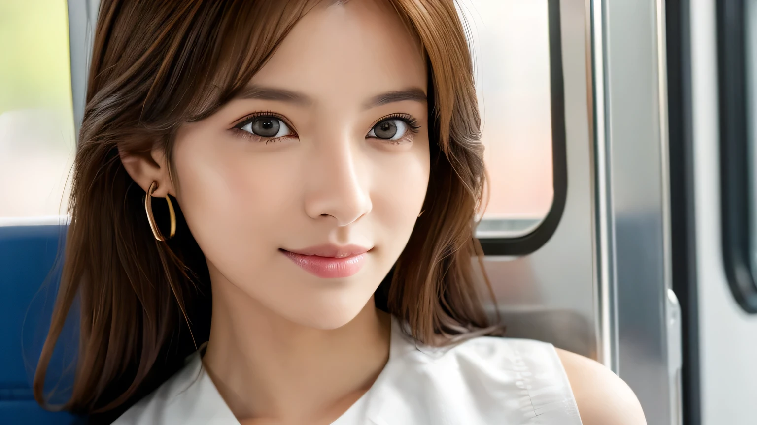 ((Mastepiece,Photorealistic)), (((8K,Best Quality: 1.5))), ((Super Detail: 1.5)) , Cute Woman,Beautiful woman,Japanese,Age 25,((inside the train)),Ultra-detailed facial features, smile, Detailed Texture, Natural Skin Shader, photograph,Upper Body,Ultra-high resolution,Beautiful Japanese women,(((Feminine white blouse,best quality))),Realistic eyes,Brown eyes,Realistic Skin,Golden Ratio,((Brown Hair,Long Hair:1.3,1girl)),Glowing, firm and radiant skin