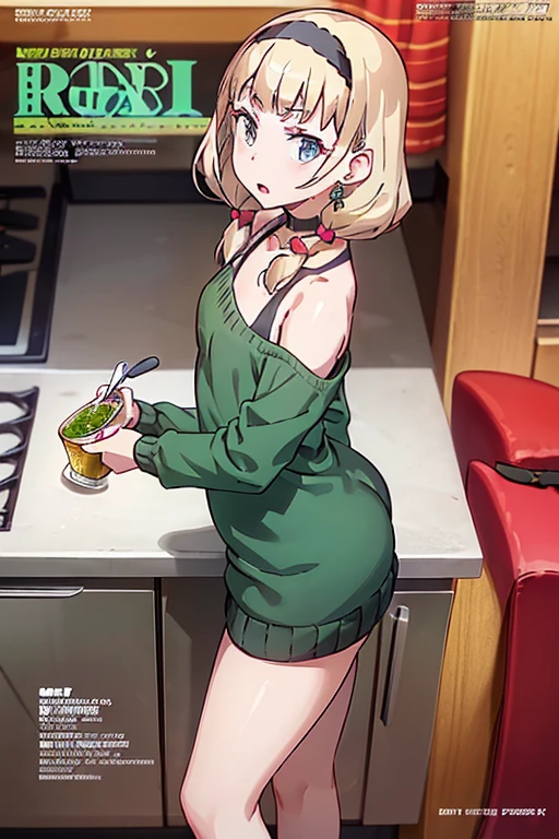 (small breasts:1.3), (perky chest:1.1), (pointed chest:1.0), (fashion magazine cover:1.3),(from above:1.0),(from side:0.9),masterpiece, 1girl, Amazing Cleavage:1.1, thin waist, big ass, Raised sexy, small breast: 1.3, posed cleavage:1.2、solo, looking at viewer, open mouth, have a cute grass of cute beergrass,black hair, dark green eyes, dress, bare shoulders, jewelry, collarbone, sidelocks, hairband, earrings, indoors, off shoulder, :o, sweater, arms behind back, plant, short hair with long locks, gild hairband, off-shoulder dress, sweater dress, off-shoulder sweater, red sweater, dark gord hair, big side hair, very long side hair,is rendered in (masterpiece: 1.2, best quality), with (ultra high resolution) and an exquisite (depth of field). This masterpiece is not only visually stunning but also tells,A scene of cooking in the kitchen by classroom