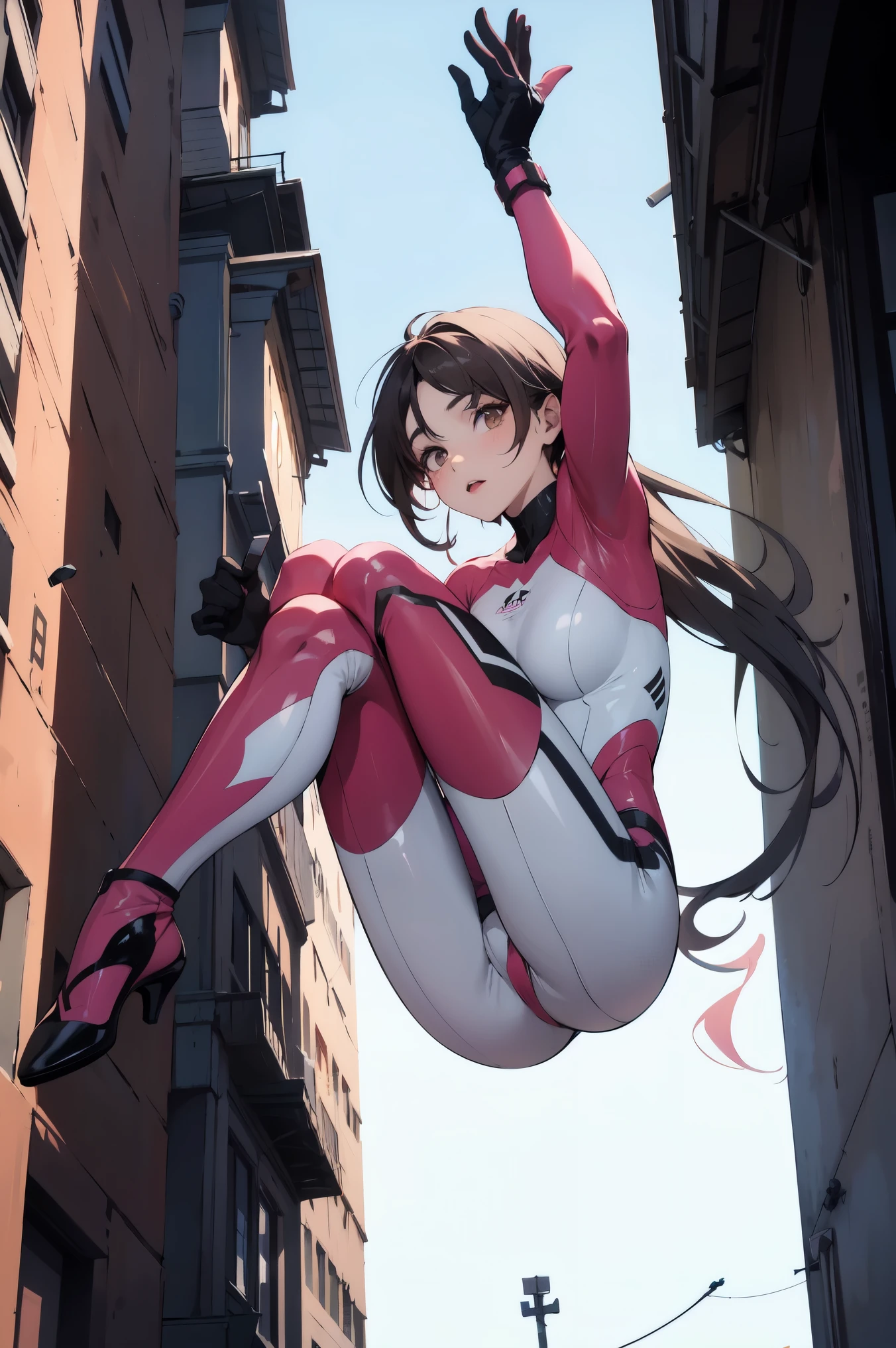  girl, long brown eyes, Cabello largo y liso color negro, en su cabello en la parte del frente tiene un mechon de color rojo, cejas perfectos, piel color bruna, tiene pecas en sus mejillas. She wears a white and pink spider suit and she is falling from a building..