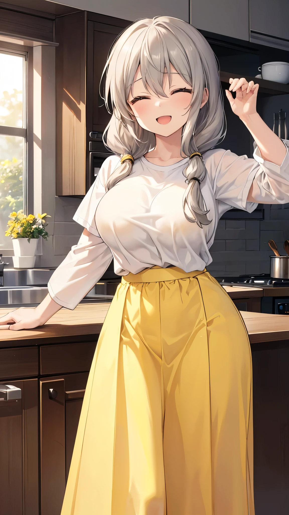 (8k、Best image quality、highest quality、masterpiece)、Detailed face、One woman、uzaki tsuki、Grey Hair、Long Hair、closed eyes、smile、Open Mouth、((Very large breasts))、((White T-shirt))、Long sleeve、((Yellow trench skirt))、Long skirt、Cowboy Shot、Kitchen Background