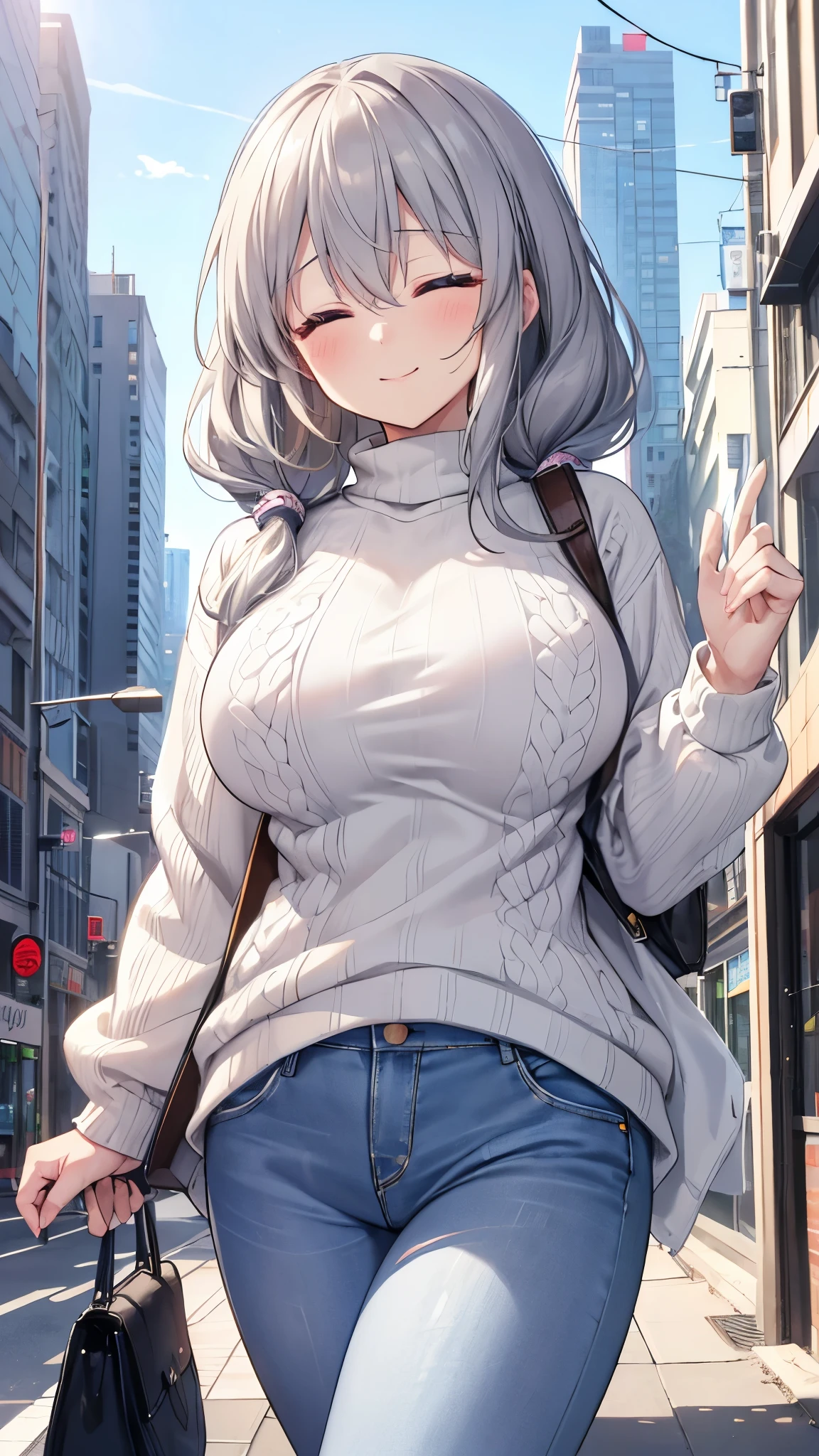 (8k、Best image quality、highest quality、masterpiece)、Detailed face、One woman、uzaki tsuki、Grey Hair、Long Hair、closed eyes、smile、((Very large breasts))、((White sweater))、((denim pants))、Cowboy Shot、City Background
