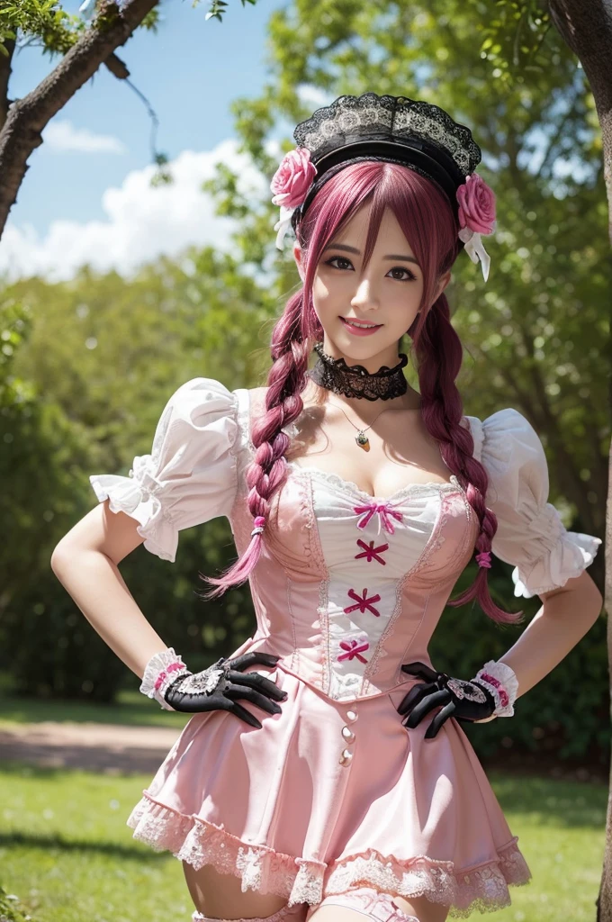 sexy stylish Spanish model, only 1 female, ((doll-like appearance)), long neon pink stylish hair, ((ultra detailed Victorian-Style boots)), (happy smile), ultra detailed eyes, vivid eye makeup, lipgloss, long lashes, defined eyebrows, ((sexy Paradise Kiss cosplay)), bell-shaped skirt, petticoats, high neckline, puffed sleeves, ((ultra detailed lace)), ((ultra detailed embroidery)), intricate details, Paradise Kiss accessoires and matching headpiece, choker, ((large sparkling Paradise Kiss jewelry)), cinematic light, detailed large park background with trees