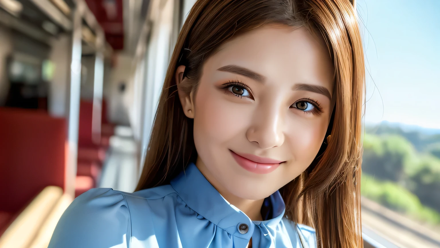 ((Mastepiece,Photorealistic)), (((8K,Best Quality: 1.5))), ((Super Detail: 1.5)) , Cute Woman,Beautiful woman,Japanese,Age 25,((inside the train)),Ultra-detailed facial features, smile, Detailed Texture, Natural Skin Shader, photograph,Upper Body,Ultra-high resolution,Beautiful Japanese women,(((Sky Blue Blouse+Feminine skirt,best quality))),Realistic eyes,Brown eyes,Realistic Skin,Golden Ratio,((Brown Hair,Long Hair:1.3,1girl)),Glowing, firm and radiant skin