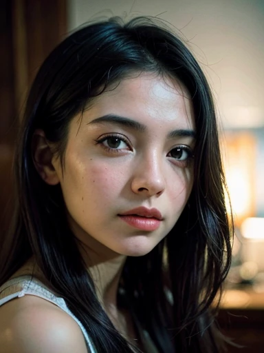primer plano retrato de una linda mujer (e-girl) foto frente al espejo con el celular tapando su cara, ya, (contraluz), realista, obra maestra, Of the highest quality, destello de lente, sombra, bloom, [[Chromatic aberration]], por Jeremy Lipking, by Antonio J. Manzanedo, pintura digital