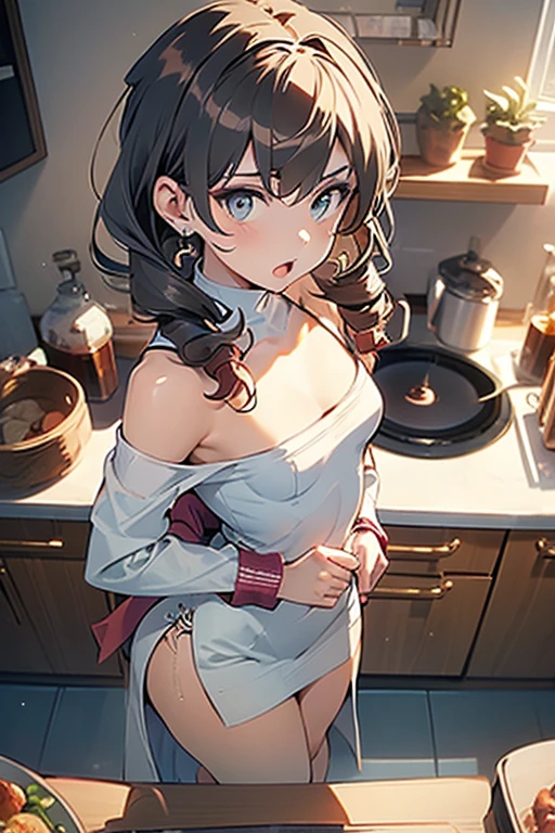 (small breasts:1.3), (perky chest:1.1), (pointed chest:1.0), (fashion magazine cover:1.3),(from above:1.0),(from side:0.9),masterpiece, 1girl, Amazing Cleavage:1.1, thin waist, big ass, Raised sexy, small breast: 1.3, posed cleavage:1.2、solo, looking at viewer, open mouth, have a cute grass of cute beergrass,black hair, dark green eyes, dress, bare shoulders, jewelry, collarbone, sidelocks, hairband, earrings, indoors, off shoulder, :o, sweater, arms behind back, plant, short hair with long locks, gild hairband, off-shoulder dress, sweater dress, off-shoulder sweater, red sweater, dark gord hair, big side hair, very long side hair,is rendered in (masterpiece: 1.2, best quality), with (ultra high resolution) and an exquisite (depth of field). This masterpiece is not only visually stunning but also tells,A scene of cooking in the kitchen by classroom