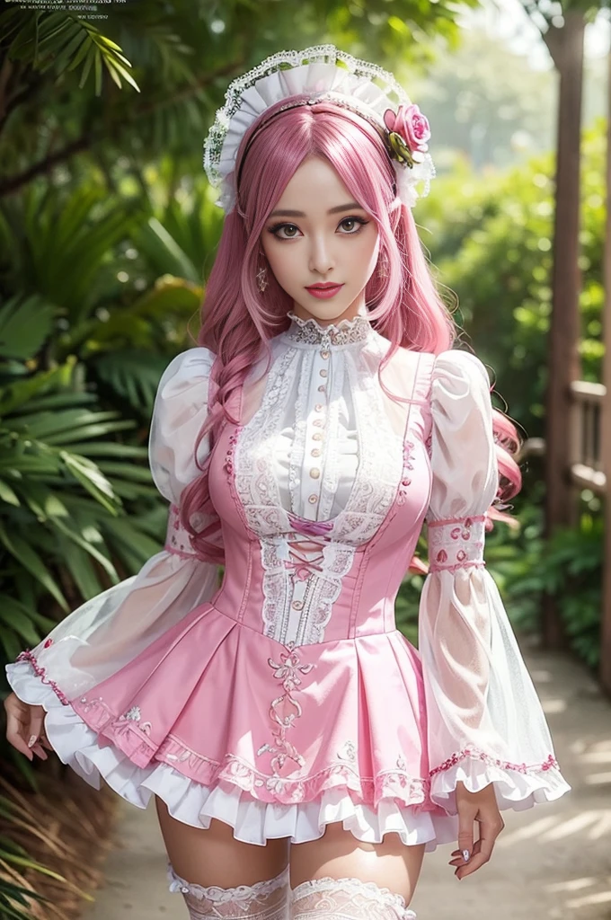 sexy stylish Spanish model, only 1 female, ((doll-like appearance)), long neon pink stylish hair, ((ultra detailed Victorian-Style boots)), happy smile, ultra detailed eyes, vivid eye makeup, lipgloss, long lashes, defined eyebrows, ((sexy Paradise Kiss cosplay)), bell-shaped skirt, petticoats, high neckline, puffed sleeves, (( ultra detailed lace)), ((ultra detailed embroidery)), intricate details, Paradise Kiss accessoires and matching headpiece, choker, ((large sparkling Paradise Kiss jewelry)), cinematic light, detailed large park background with trees 
