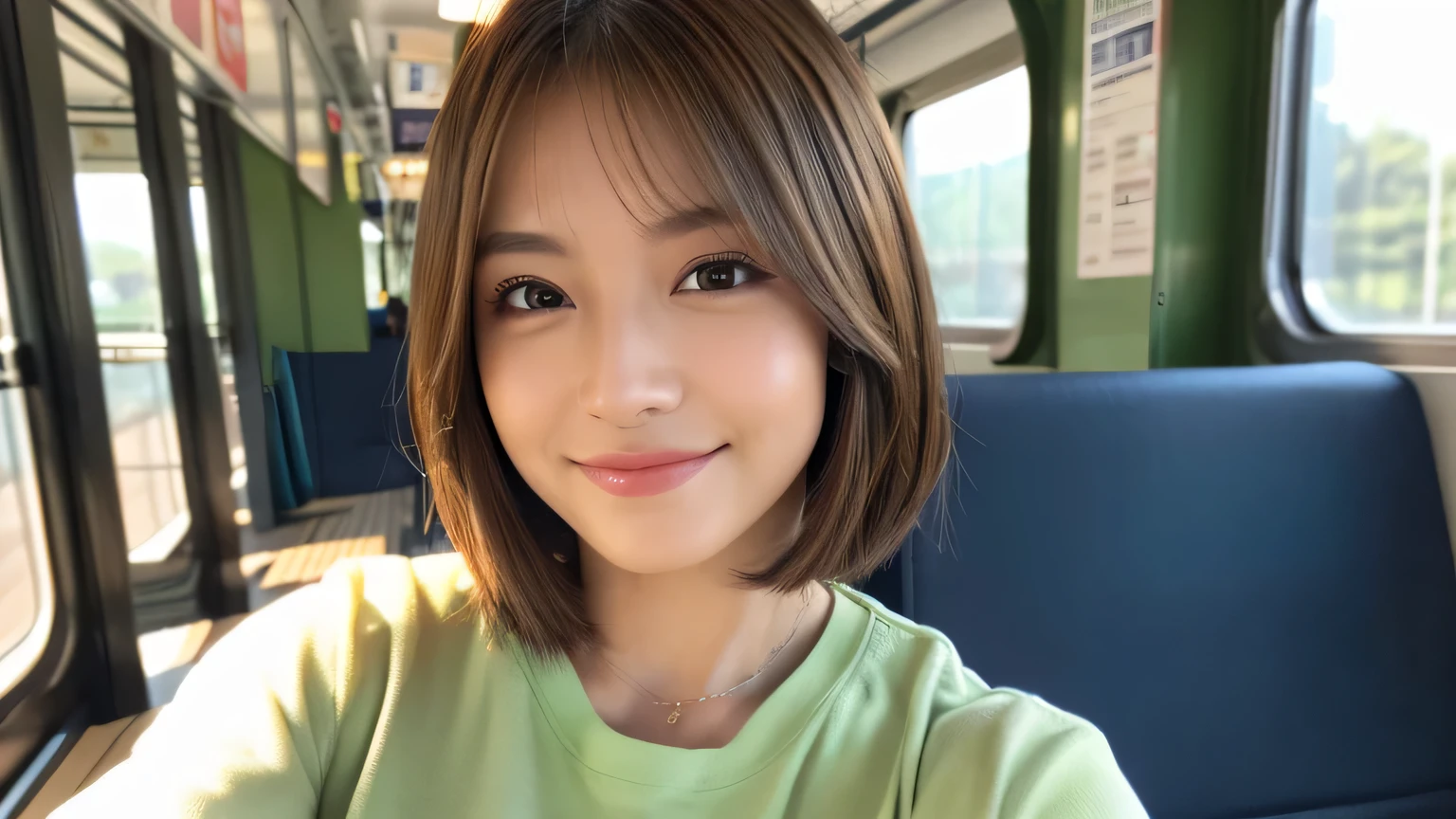 ((Mastepiece,Photorealistic)), (((8K,Best Quality: 1.5))), ((Super Detail: 1.5)) , Cute Woman,Beautiful woman,Japanese,Age 25,((inside the train)),Ultra-detailed facial features, smile, Detailed Texture, Natural Skin Shader, photograph,Upper Body,Ultra-high resolution,Beautiful Japanese women,(((Matcha green shirt,best quality))),Realistic eyes,Brown eyes,Realistic Skin,Golden Ratio,((Brown Hair,Bob Hair:1.3,1girl)),Glowing, firm and radiant skin