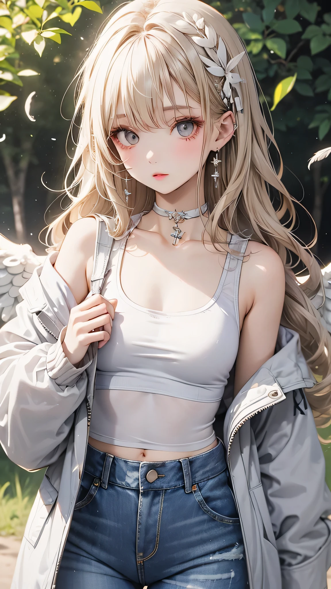 One girl, Medium chest, Blonde Hair, Long Hair, Wavy Hair, Grey Eyes, White Feather Wings, Angel, Outdoor, White jacket, choker, Tank top, jeans
