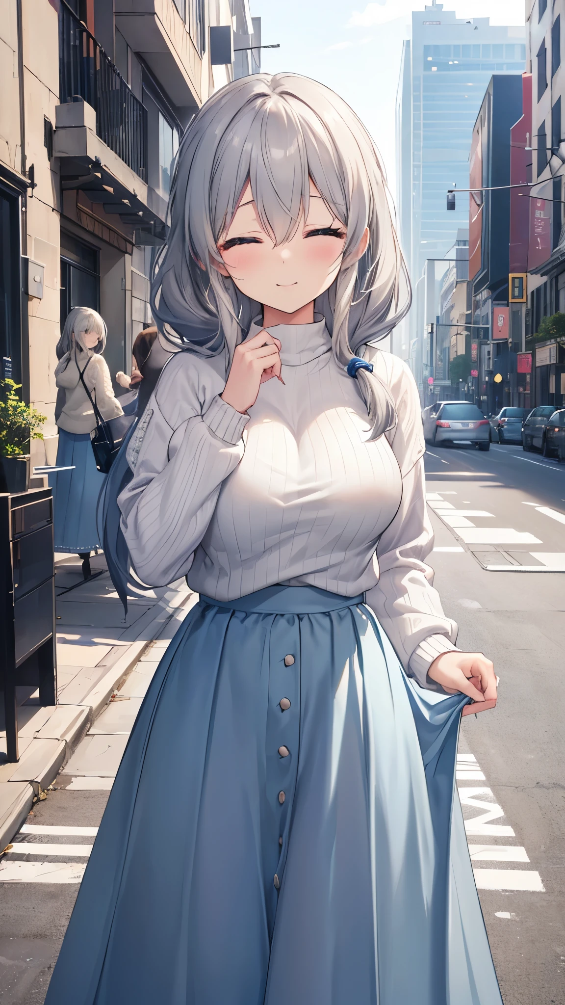 (8k、Best image quality、highest quality、masterpiece)、Detailed face、One woman、uzaki tsuki、Grey Hair、Semi-long hair、closed eyes、smile、((Very large breasts))、((White sweater))、((Blue trench skirt))、((Long skirt))Cowboy Shot、City Background
