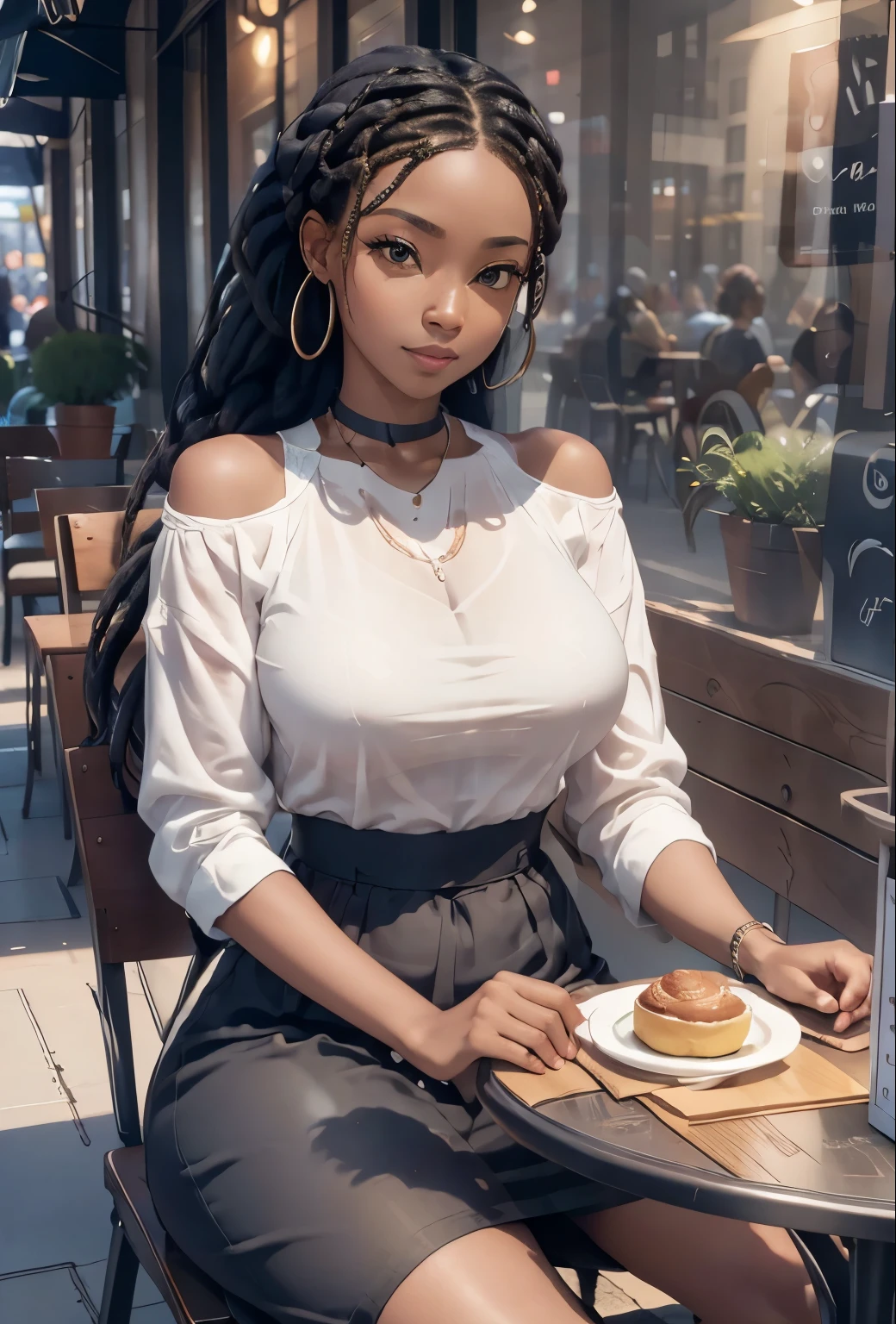 a beautiful African American woman with detailed braided hair, detailed face and eyes, sitting at a cafe table, large windows, indoor cafe setting, warm lighting, photorealistic, 8k, ultra-detailed, intricate details, hyper realistic, masterpiece, cinematic lighting, lush environment, moody atmosphere