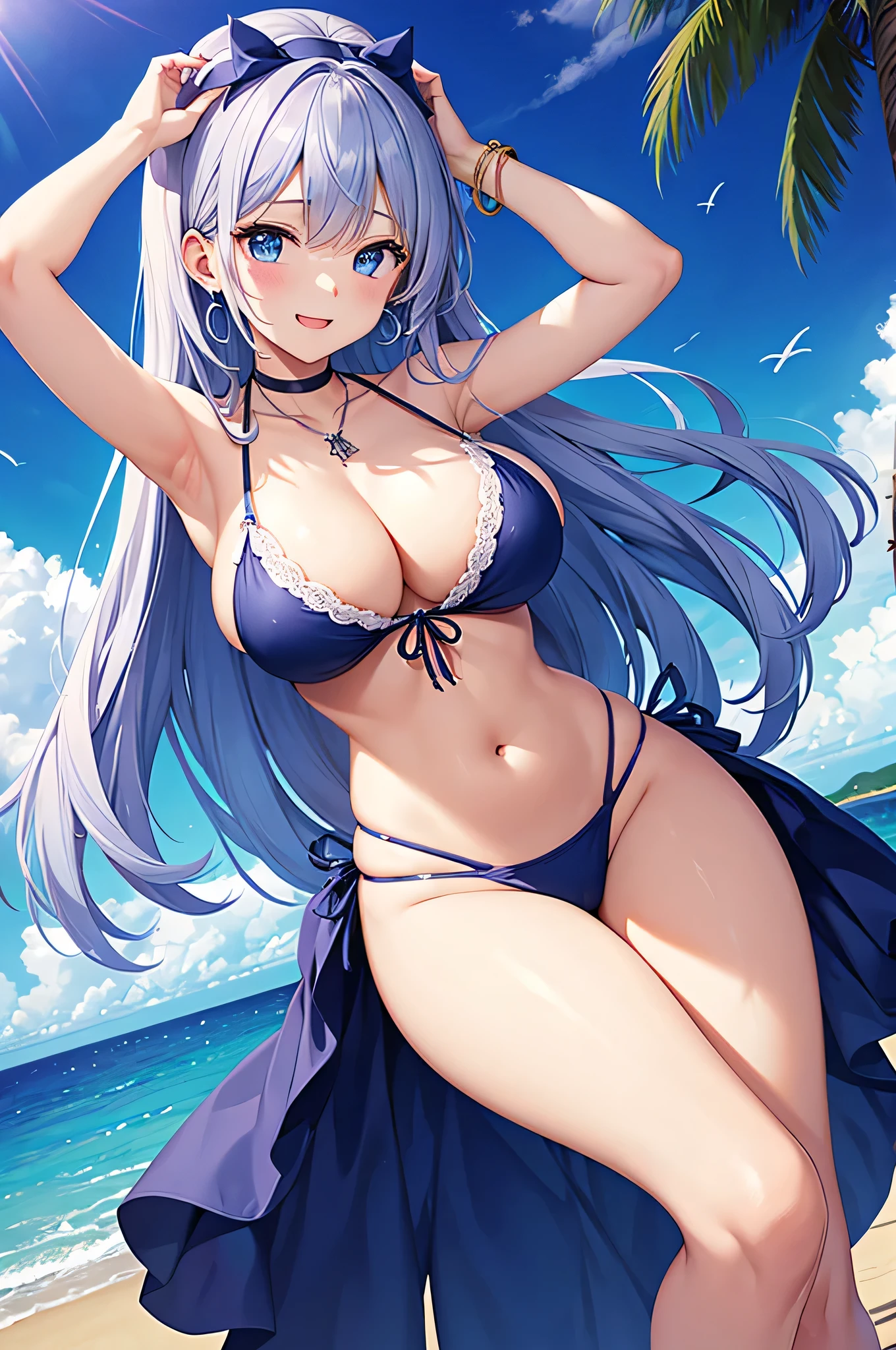 highest quality、Highest Resolution、masterpiece、beautiful girl、Navy blue long hair、blue eyes、Navy Blue Bikini、Big cleavage、(Big Breasts),smile、blue necklace、Blue Earrings、background(Beach)、Please open your mouth wide、White headband、bracelet、Raise your arms and place your hands behind your head,Raise your elbows above your head、to close range