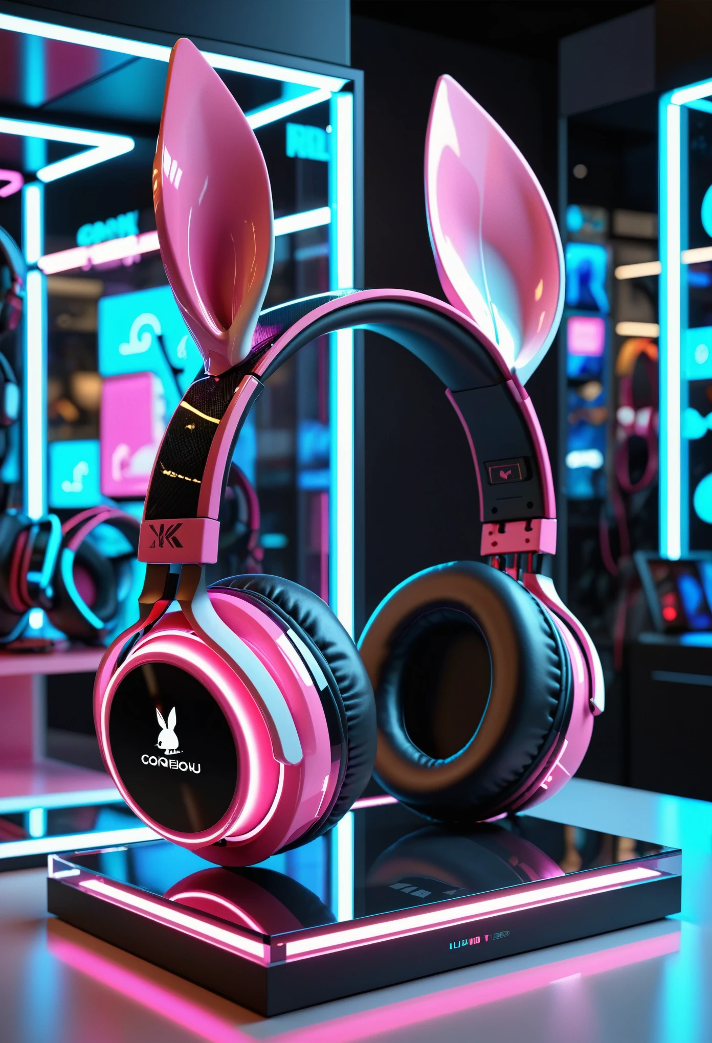 a futuristic rabbit ear headphones design, rabbit ears headphones:1.2, pink and white, sleek and streamlined, carbon fiber material, rabbit pattern, 3d render, octane render, 8k, UHD, highly detailed, on a glass display case, glowing, indoor lighting, hyper realism, in a store setting, front view