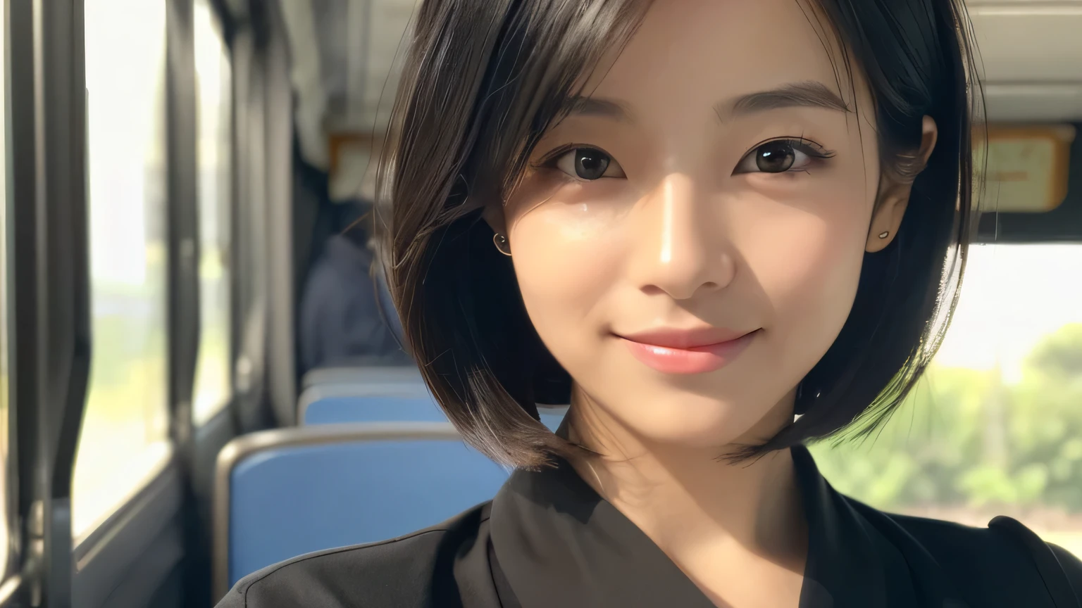 ((Mastepiece,Photorealistic)), (((8K,Best Quality: 1.5))), ((Super Detail: 1.5)) , Cute Woman,Beautiful woman,Japanese,Age 25,((inside the train)),Ultra-detailed  features, smile, Detailed Texture, Natural Skin Shader, photograph,Upper Body,Ultra-high resolution,Beautiful Japanese women,(((black shirt,best quality))),Realistic eyes,Brown eyes,Realistic Skin,Golden Ratio,((Black Hair,Bob Hair:1.3,1girl)),Glowing, firm and radiant skin