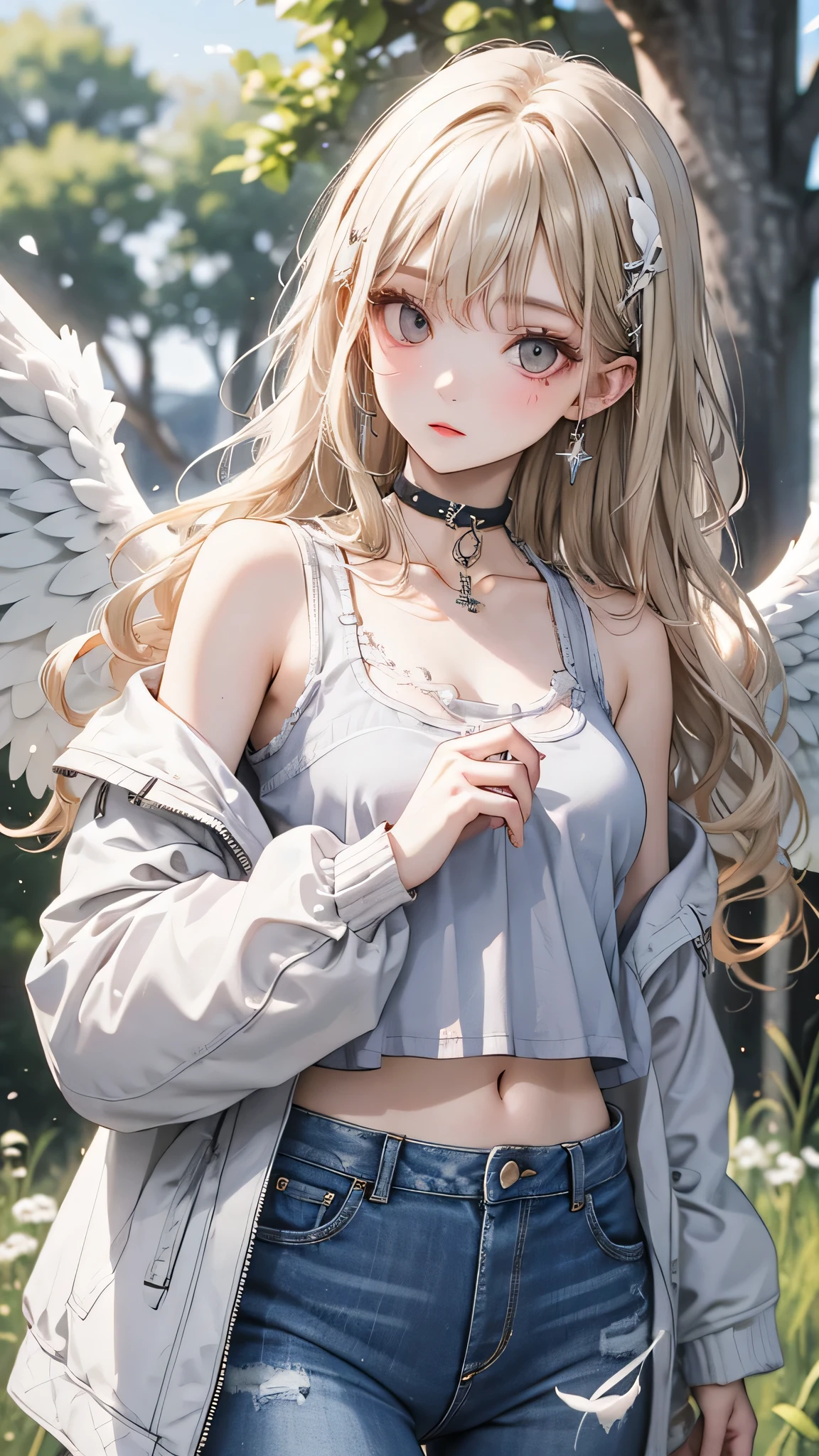 One girl, Medium chest, Blonde Hair, Long Hair, Wavy Hair, Grey Eyes, White Feather Wings, Angel, Outdoor, White jacket, choker, Tank top, jeans