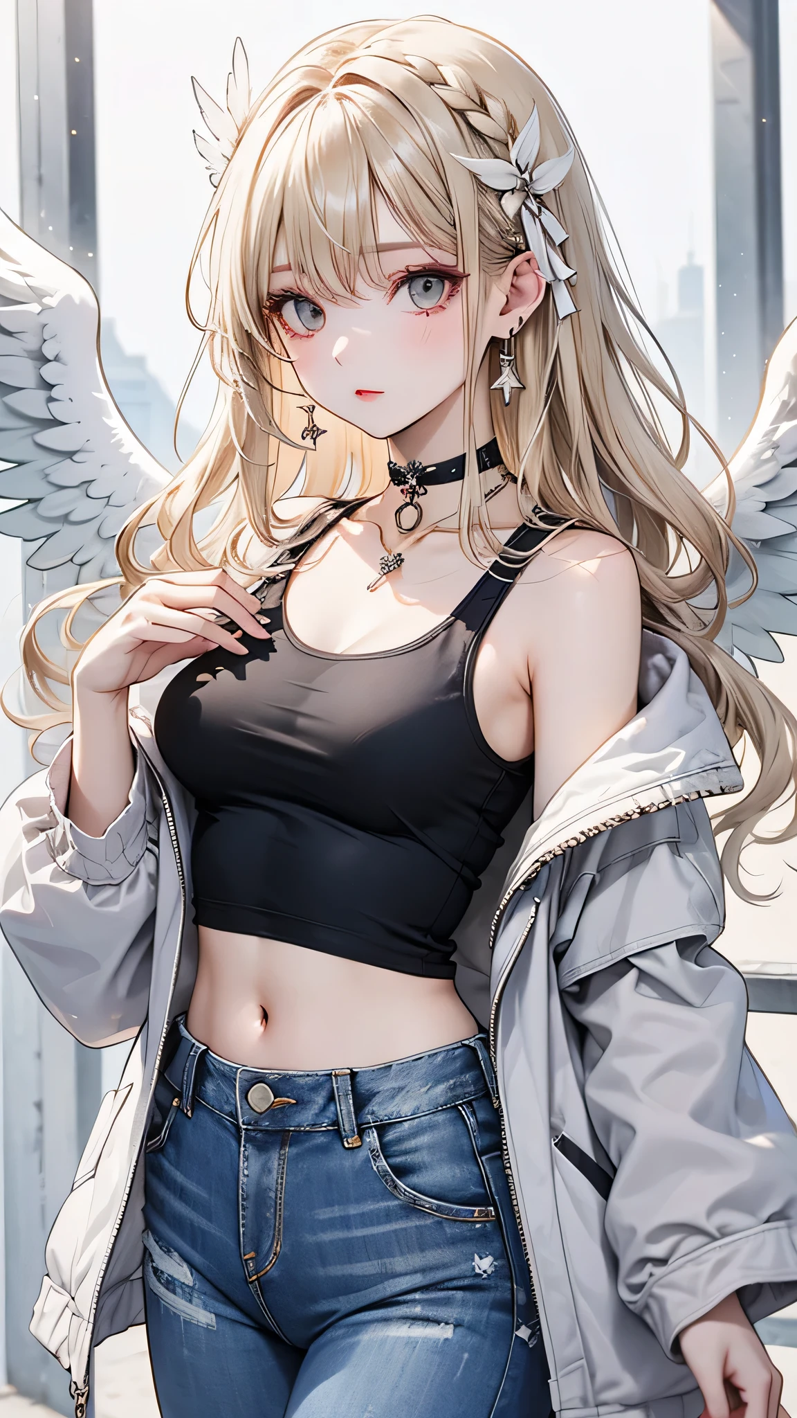 One girl, Medium chest, Blonde Hair, Long Hair, Wavy Hair, Grey Eyes, White Feather Wings, Angel, Outdoor, White jacket, choker, Tank top, jeans