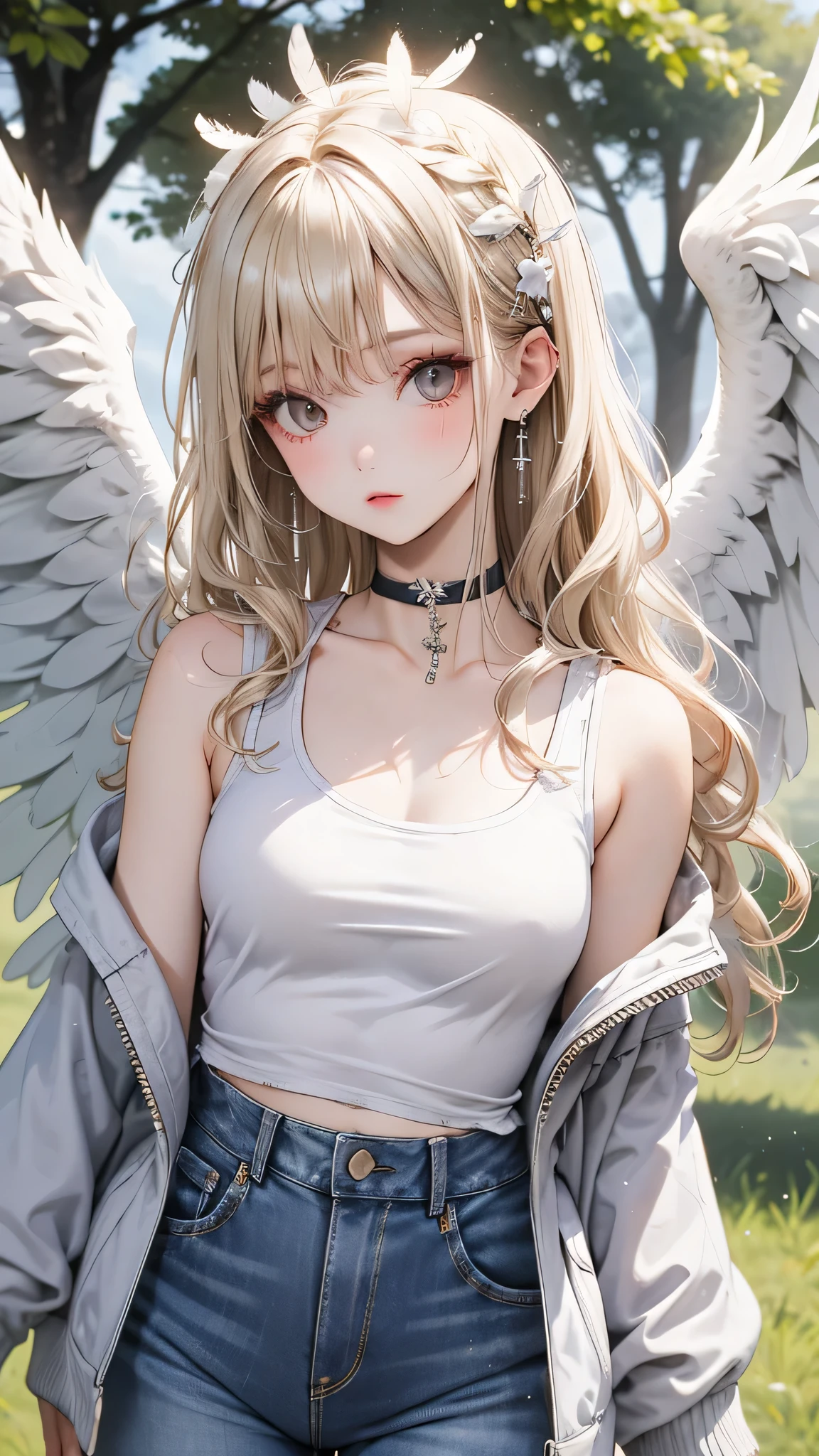 One girl, Medium chest, Blonde Hair, Long Hair, Wavy Hair, Grey Eyes, White Feather Wings, Angel, Outdoor, White jacket, choker, Tank top, jeans