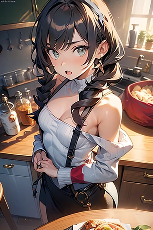 (small breasts:1.3), (perky chest:1.1), (pointed chest:1.0), (fashion magazine cover:1.3),(from above:1.0),(from side:0.9),masterpiece, 1girl, Amazing Cleavage:1.1, thin waist, big ass, Raised sexy, small breast: 1.3, posed cleavage:1.2、solo, looking at viewer, open mouth, have a cute grass of cute beergrass,black hair, dark green eyes, dress, bare shoulders, jewelry, collarbone, sidelocks, hairband, earrings, indoors, off shoulder, :o, sweater, arms behind back, plant, short hair with long locks, gild hairband, off-shoulder dress, sweater dress, off-shoulder sweater, red sweater, dark gord hair, big side hair, very long side hair,is rendered in (masterpiece: 1.2, best quality), with (ultra high resolution) and an exquisite (depth of field). This masterpiece is not only visually stunning but also tells,A scene of cooking in the kitchen by classroom
