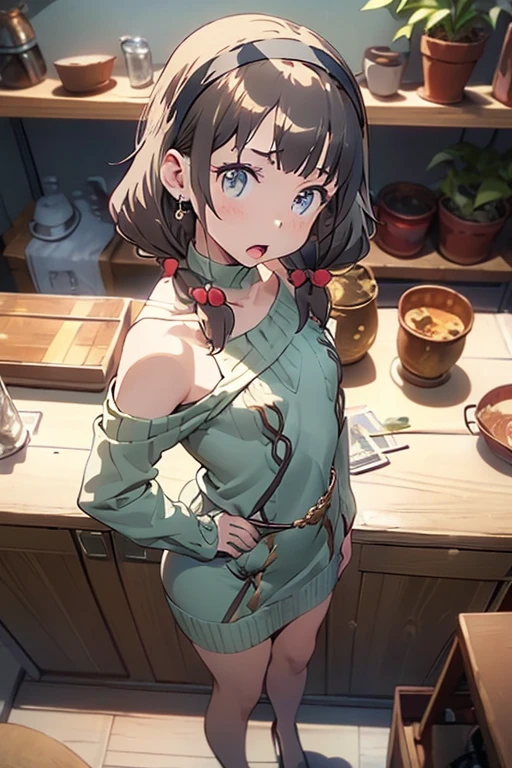 (small breasts:1.3), (perky chest:1.1), (pointed chest:1.0), (fashion magazine cover:1.3),(from above:1.0),(from side:0.9),masterpiece, 1girl, Amazing Cleavage:1.1, thin waist, big ass, Raised sexy, small breast: 1.3, posed cleavage:1.2、solo, looking at viewer, open mouth, have a cute grass of cute beergrass,black hair, dark green eyes, dress, bare shoulders, jewelry, collarbone, sidelocks, hairband, earrings, indoors, off shoulder, :o, sweater, arms behind back, plant, short hair with long locks, gild hairband, off-shoulder dress, sweater dress, off-shoulder sweater, red sweater, dark gord hair, big side hair, very long side hair,is rendered in (masterpiece: 1.2, best quality), with (ultra high resolution) and an exquisite (depth of field). This masterpiece is not only visually stunning but also tells,A scene of cooking in the kitchen by classroom