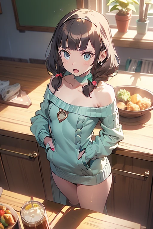 (small breasts:1.3), (perky chest:1.1), (pointed chest:1.0), (fashion magazine cover:1.3)，(from above:1.0),(from side:0.9),masterpiece, 1girl, Amazing Cleavage:1.1, thin waist, big ass, Raised sexy, small breast: 1.3, posed cleavage:1.2、solo, looking at viewer, open mouth, have a cute grass of cute beergrass,black hair, dark green eyes, dress, bare shoulders, jewelry, collarbone, sidelocks, hairband, earrings, indoors, off shoulder, :o, sweater, arms behind back, plant, short hair with long locks, gild hairband, off-shoulder dress, sweater dress, off-shoulder sweater, red sweater, dark gord hair, big side hair, very long side hair,is rendered in (masterpiece: 1.2, best quality), with (ultra high resolution) and an exquisite (depth of field). This masterpiece is not only visually stunning but also tells,A scene of cooking in the kitchen by classroom
