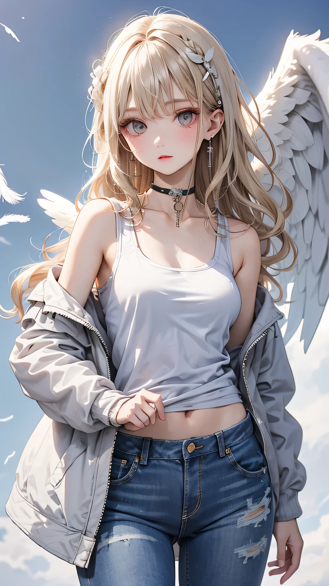 One girl, Medium chest, Blonde Hair, Long Hair, Wavy Hair, Grey Eyes, White Feather Wings, Angel, Outdoor, White jacket, choker, Tank top, jeans