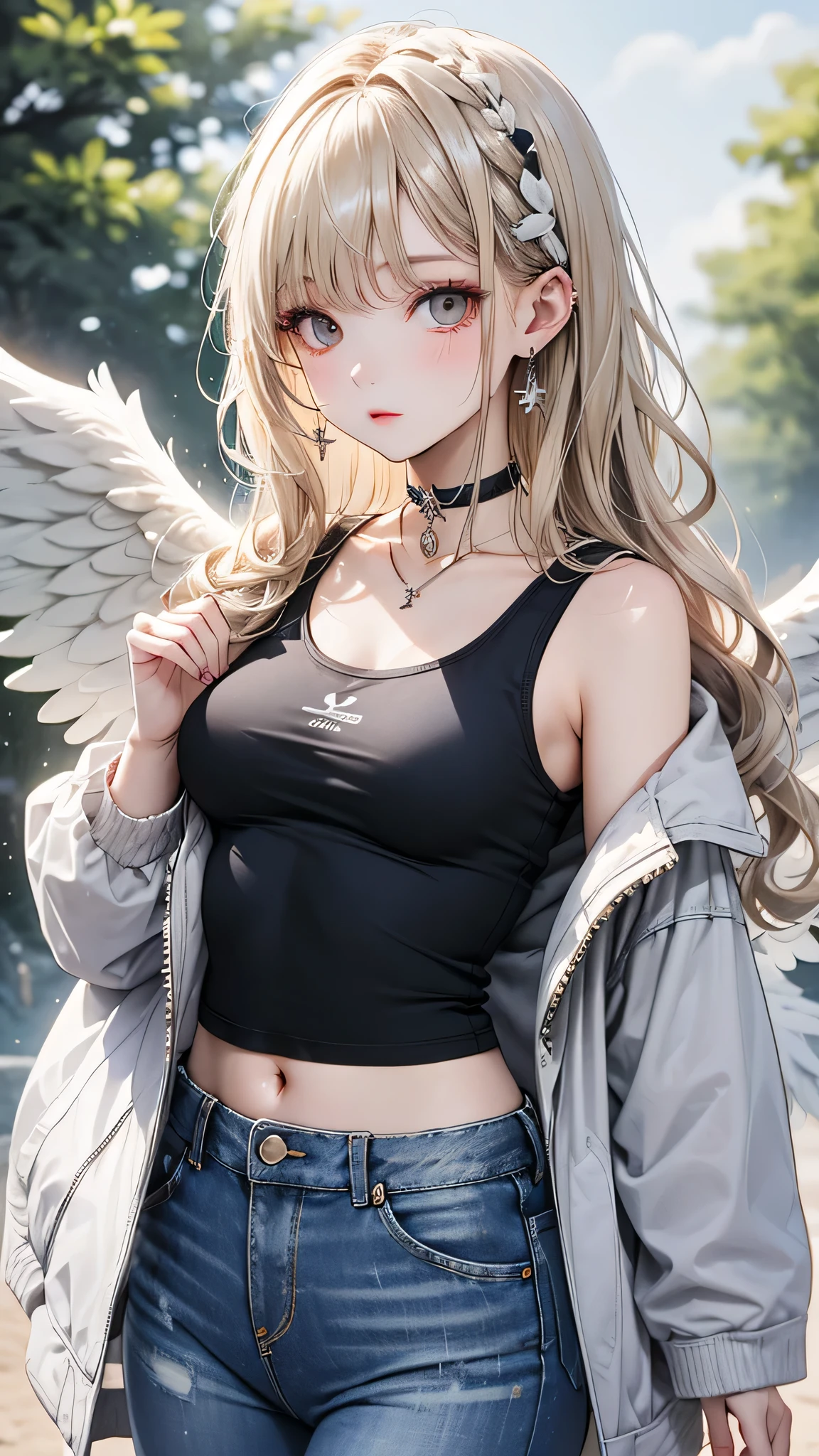 One girl, Medium chest, Blonde Hair, Long Hair, Wavy Hair, Grey Eyes, White Feather Wings, Angel, Outdoor, White jacket, choker, Tank top, jeans
