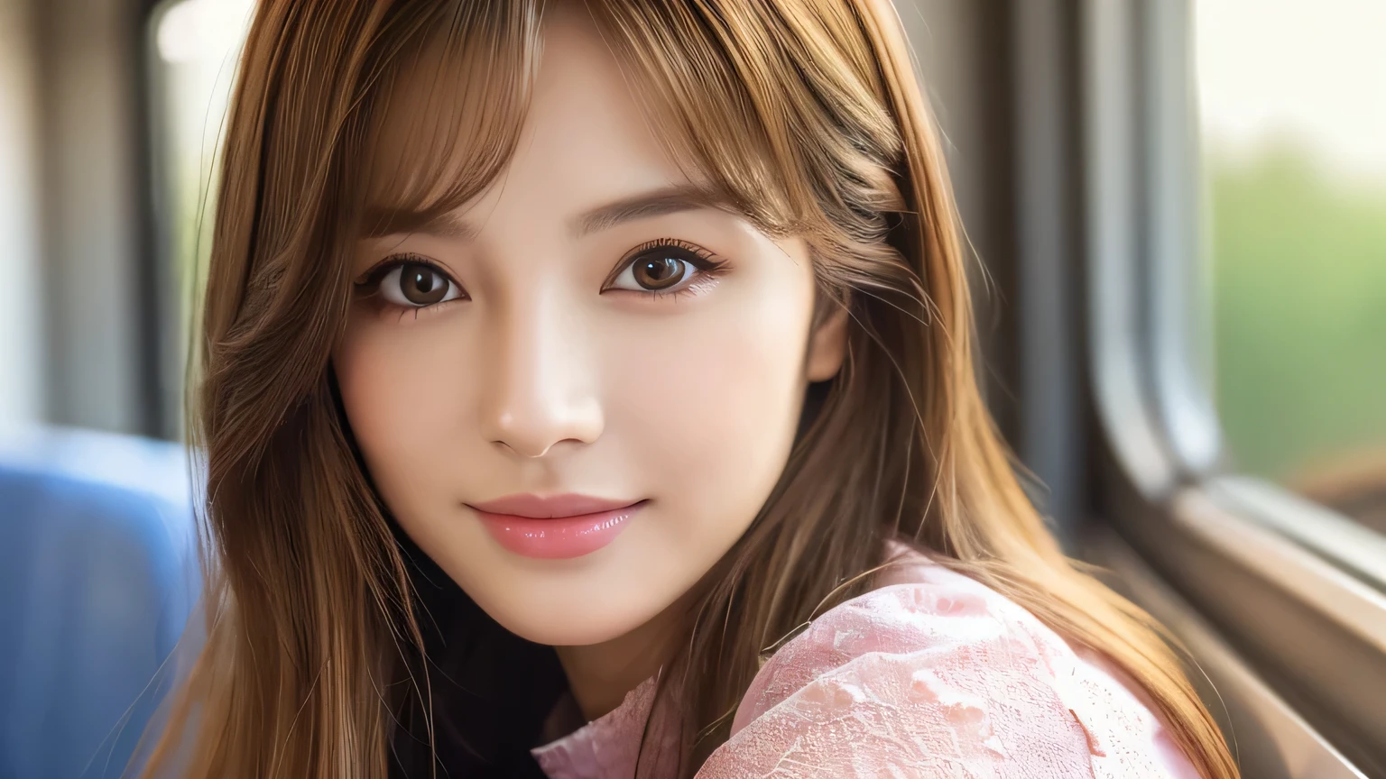 ((Mastepiece,Photorealistic)), (((8K,Best Quality: 1.5))), ((Super Detail: 1.5)) , Cute Woman,Beautiful woman,Japanese,Age 25,((inside the train)),Ultra-detailed facial features, smile, Detailed Texture, Natural Skin Shader, photograph,Upper Body,Ultra-high resolution,Beautiful Japanese women,(((feminine pink blouse,best quality))),Realistic eyes,Brown eyes,Realistic Skin,Golden Ratio,((Brown Hair,Long Hair:1.3,1girl)),Glowing, firm and radiant skin