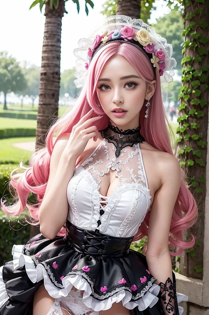 sexy stylish Spanish model, only 1 female, ((doll-like appearance)), long neon pink stylish hair, ((ultra detailed Victorian-Style boots)), happy smile, ultra detailed eyes, vivid eye makeup, lipgloss, long lashes, defined eyebrows, ((sexy Paradise Kiss cosplay)), bell-shaped skirt, petticoats, high neckline, puffed sleeves, ((ultra detailed lace)), ((ultra detailed embroidery)), intricate details, Paradise Kiss accessoires and matching headpiece, choker, ((large sparkling Paradise Kiss jewelry)), cinematic light, detailed large park background with trees