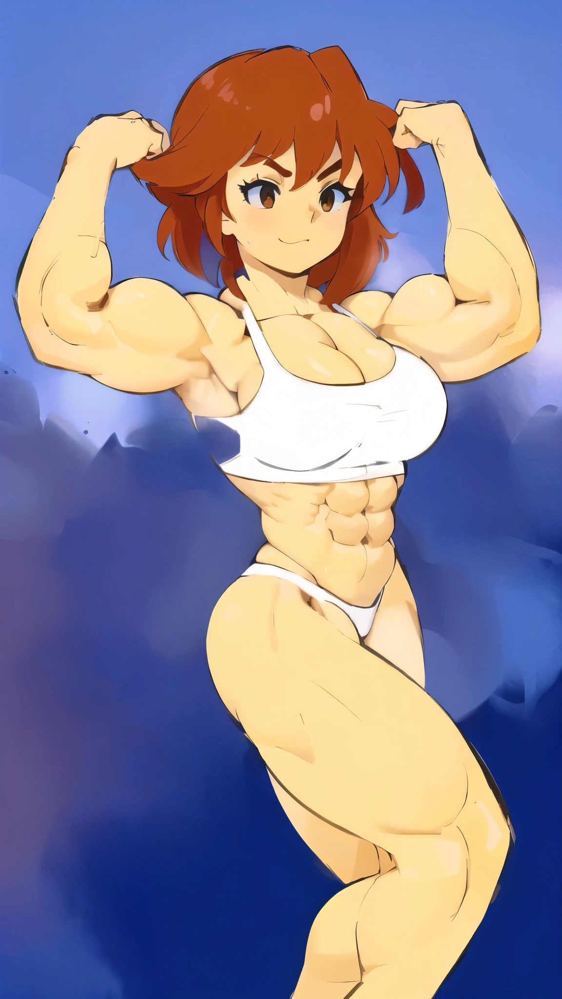 a cartoon picture of a woman with a muscular body and a white bra, muscular girl, muscular!!, muscular!, feminine and muscular, muscular!!!, muscle, muscled, muscular! white, fairly muscular, bodybuilder superhero bikini, muscular sweat lara croft, strong and imposing, muscular!! sci-fi, body is strong and upright, muscles, muscular character, strong arms