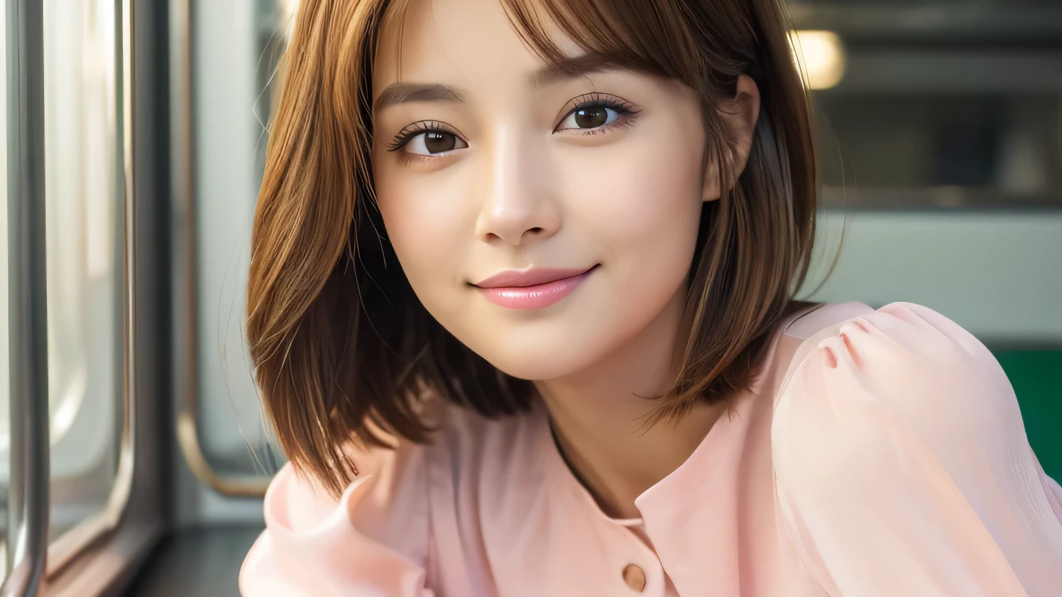 ((Mastepiece,Photorealistic)), (((8K,Best Quality: 1.5))), ((Super Detail: 1.5)) , Cute Woman,Beautiful woman,Japanese,Age 25,((inside the train)),Ultra-detailed facial features, smile, Detailed Texture, Natural Skin Shader, photograph,Upper Body,Ultra-high resolution,Beautiful Japanese women,(((feminine pink blouse,best quality))),Realistic eyes,Brown eyes,Realistic Skin,Golden Ratio,((Brown Hair,Bob Hair:1.3,1girl)),Glowing, firm and radiant skin