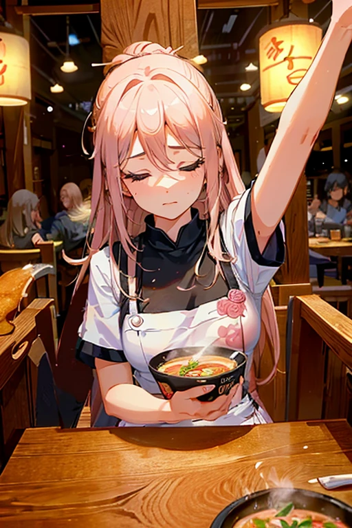 Uma com cabelos rose calro ,closed eyes with brown eyelashes in a ramen restaurant in high resolution 