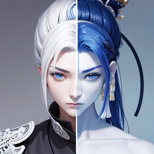 a samurai made out of porcelain、sword、 in the style of balanced symmetry、white and blue、 detailed facial features、organic forms、 meticulous portraiture、 complex patterns