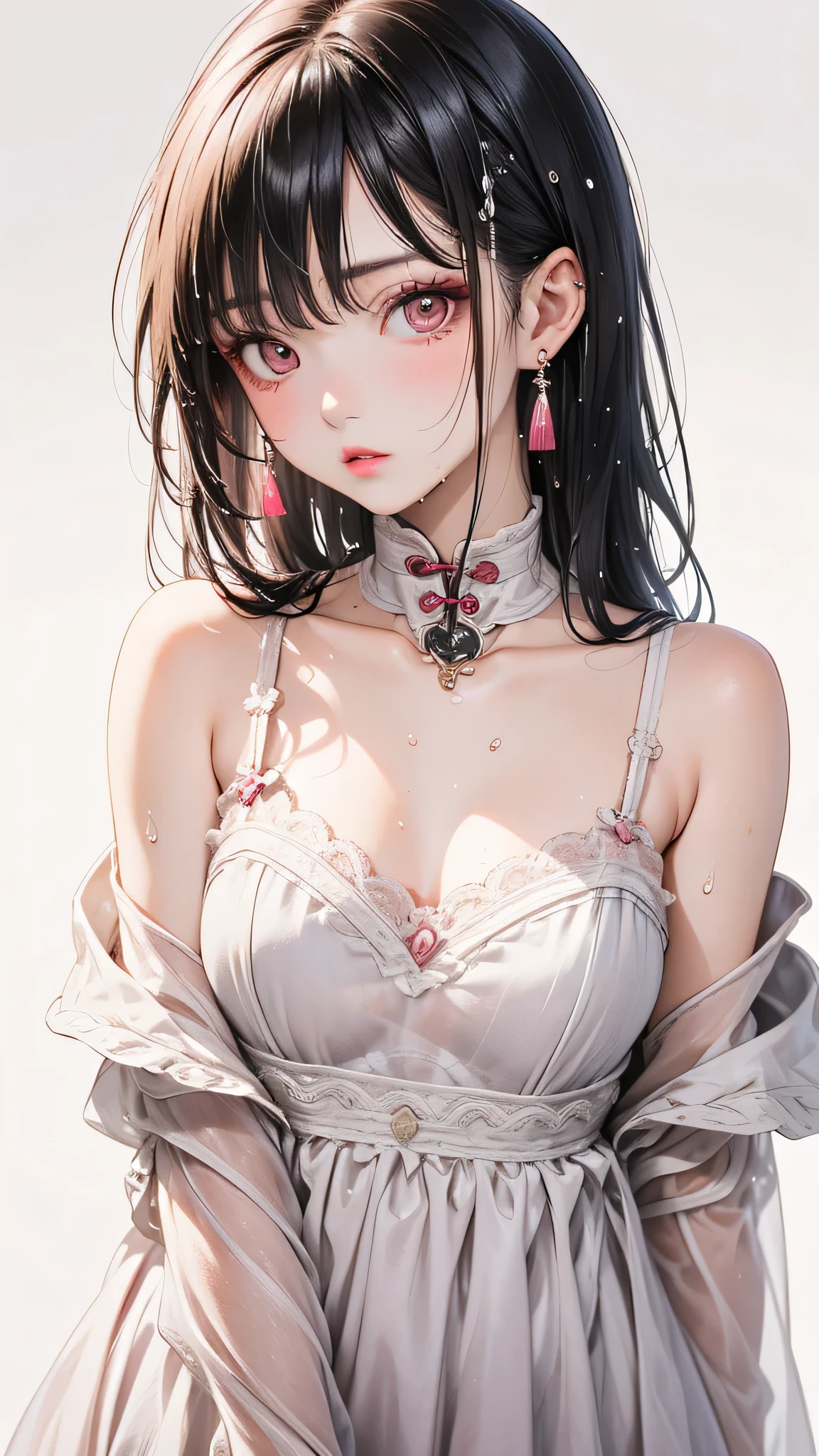 Gentle and attractive Chinese beauty, Half-body photo, Delicate and sexy collarbone, Attractive oval face, double eyelid, Bright pink eyes, Pink Lips, Small Nose, Exposing shoulders, Concentrated face, Face close-up, Ultra high definition, Super Detail, Elegant standing posture, Ultra-fine light-transmitting wet yarn