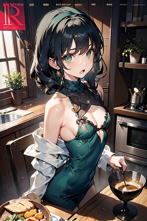 (small breasts:1.3), (perky chest:1.1), (pointed chest:1.0), (fashion magazine cover:1.3),(from above:1.0),(from side:0.9),masterpiece, 1girl, Amazing Cleavage:1.1, thin waist, big ass, Raised sexy, small breast: 1.3, posed cleavage:1.2、solo, looking at viewer, open mouth, have a cute grass of cute beergrass,black hair, dark green eyes, dress, bare shoulders, jewelry, collarbone, sidelocks, hairband, earrings, indoors, off shoulder, :o, sweater, arms behind back, plant, short hair with long locks, gild hairband, off-shoulder dress, sweater dress, off-shoulder sweater, red sweater, dark gord hair, big side hair, very long side hair,is rendered in (masterpiece: 1.2, best quality), with (ultra high resolution) and an exquisite (depth of field). This masterpiece is not only visually stunning but also tells,A scene of cooking in the kitchen by classroom