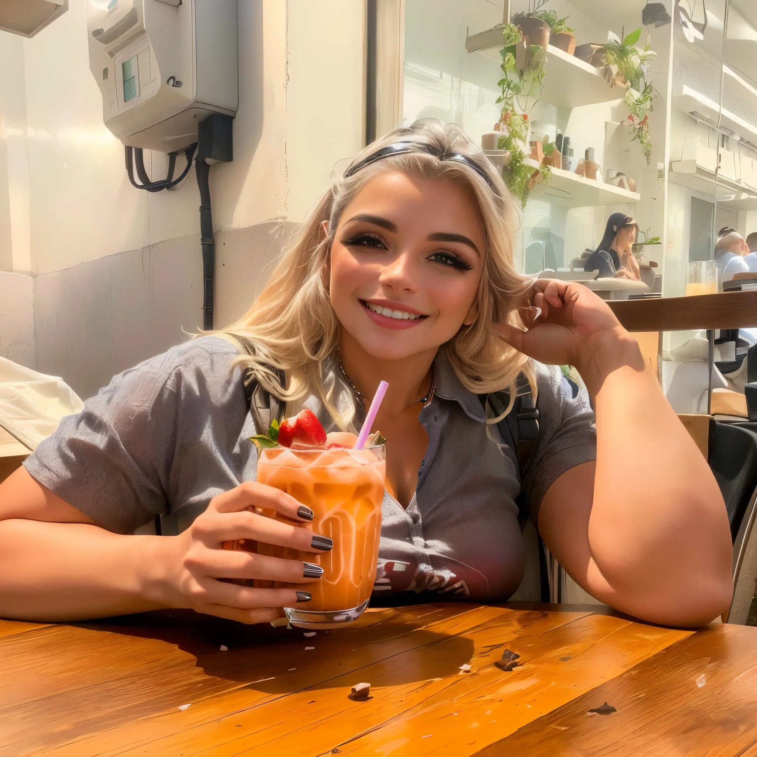 smiling woman sitting at a table com uma bebida in front of her, com uma bebida, imagem de perfil, bebendo coquetel, drinking an iced strawberry latte, segurando uma bebida, Mulher de 30 anos de Cuba, mulher fofa, imagem de perfil, Lorena Avarez, powder Nándor Katona, imagem de perfilture, com um canudo, Senhora deslumbrante