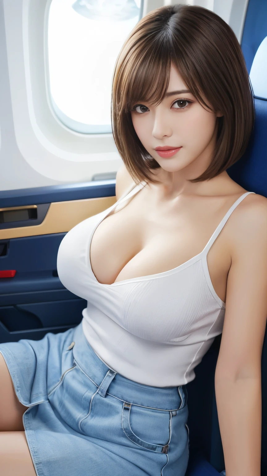 Photorealistic、Masseter muscle area、highest quality、High resolution、RAW Photos、Realistic、Bright lighting、Face Light、Smooth Professional Lighting、Japanese women、Beautiful woman、Modeled、gravure、sexy、so beautiful、Realistic and beautiful skin、Beautiful and detailed、Detailed face、slim、、Cleavage、short hair、Brunette colored hair、Brown eyes、looking at the camera、White camisole、take a picture、mini skirt、Inside the plane