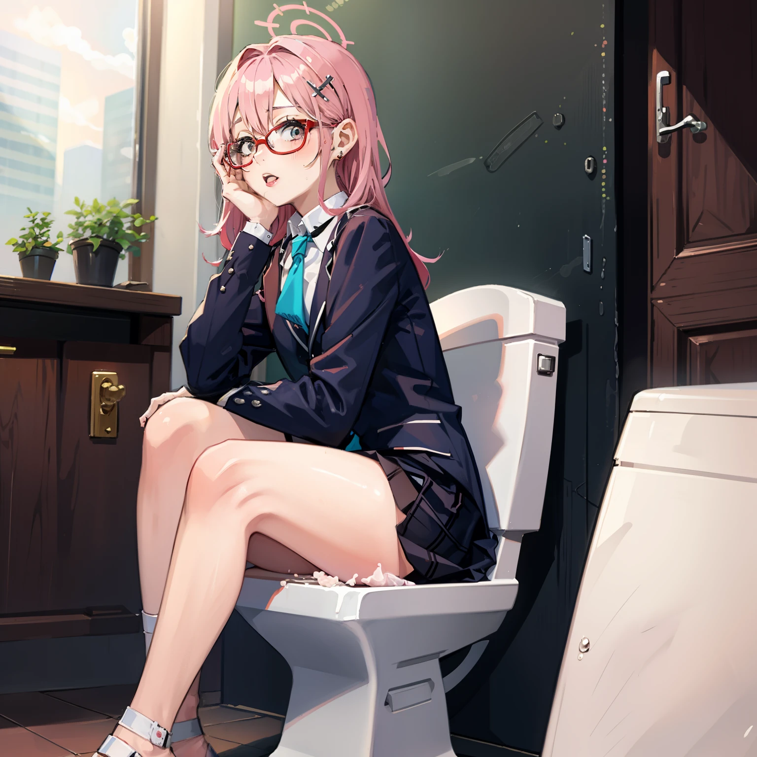 , pink hair, glasses, girl, sitting on the toilet, , uncensored, no restrictions, adult content, extreme, hardcore, urination, , scatology, pooping, peeing, stomach cramps