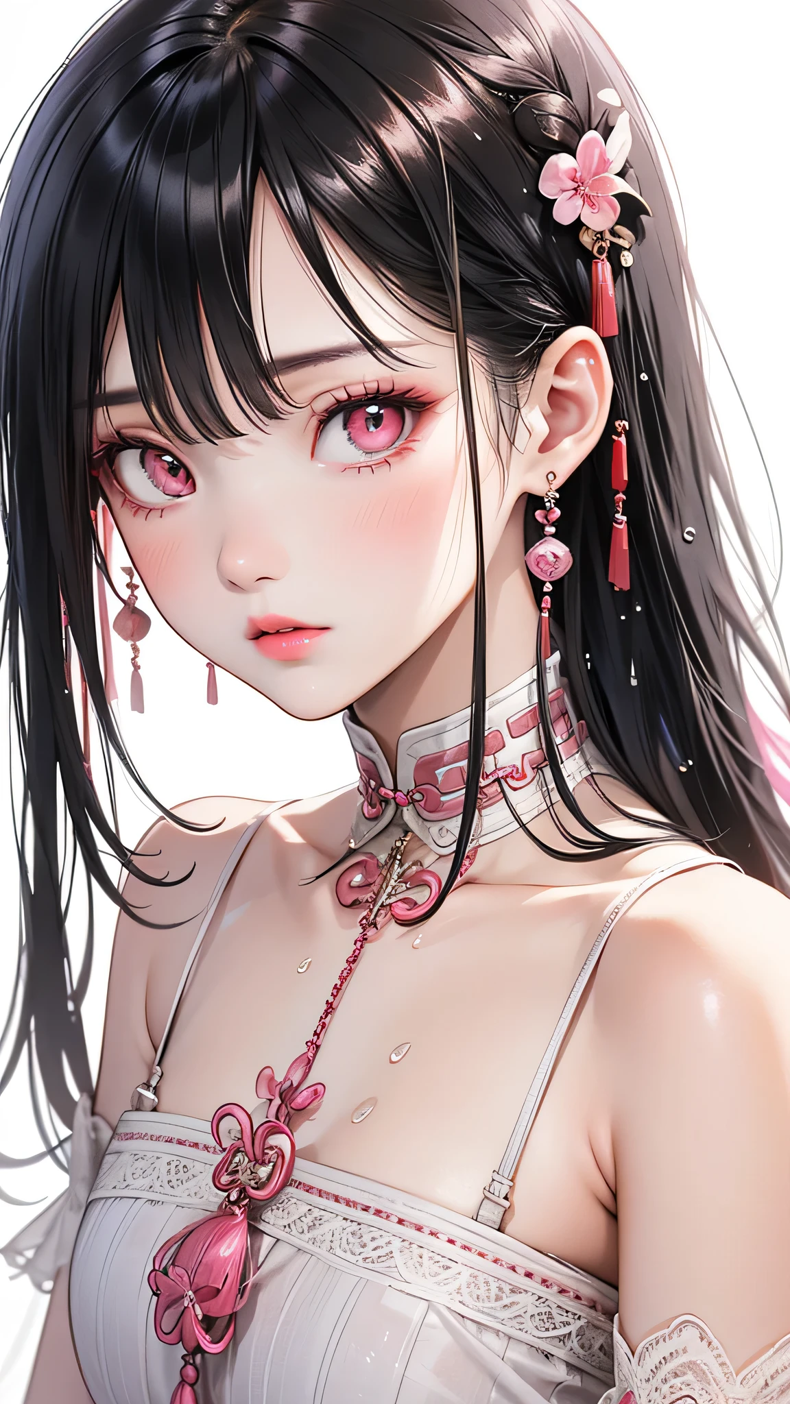 Gentle and attractive Chinese beauty, Half-body photo, Delicate and sexy collarbone, Attractive oval face, double eyelid, Bright pink eyes, Pink Lips, Small Nose, Exposing shoulders, Concentrated face, Face close-up, Ultra high definition, Super Detail, Elegant standing posture, Ultra-fine light-transmitting wet yarn