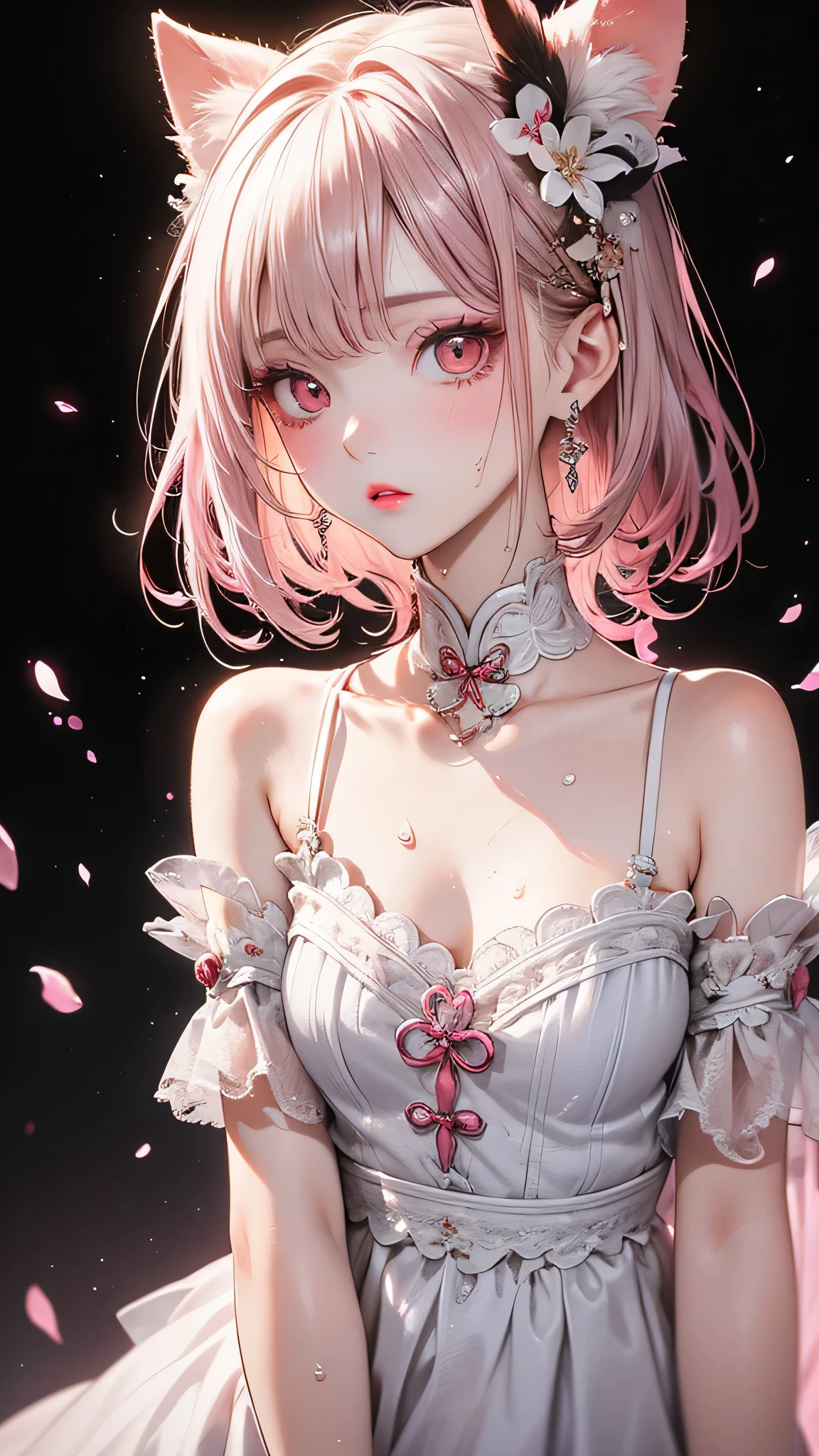 Gentle and attractive Chinese beauty, Half-body photo, Delicate and sexy collarbone, Attractive oval face, double eyelid, Bright pink eyes, Pink Lips, Small Nose, Exposing shoulders, Concentrated face, Face close-up, Ultra high definition, Super Detail, Elegant standing posture, Ultra-fine light-transmitting wet yarn