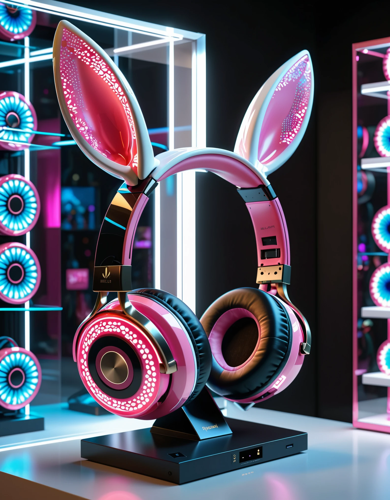 a futuristic rabbit ear headphones design, rabbit ears headphones:1.2, pink and white, sleek and streamlined, carbon fiber material, rabbit pattern, 3d render, octane render, 8k, UHD, highly detailed, on a glass display case, glowing, indoor lighting, hyper realism, in a store setting, front view,Millefiori glass style