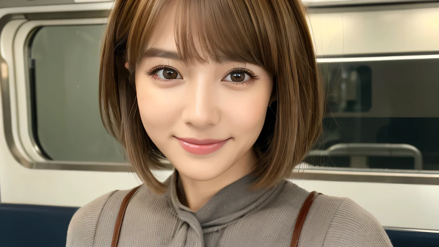 ((Mastepiece,Photorealistic)), (((8K,Best Quality: 1.5))), ((Super Detail: 1.5)) , Cute Woman,Beautiful woman,Japanese,Age 25,((inside the train)),Ultra-detailed facial features, smile, Detailed Texture, Natural Skin Shader, photograph,Upper Body,Ultra-high resolution,Beautiful Japanese women,(((gray blouse,best quality))),Realistic eyes,Brown eyes,Realistic Skin,Golden Ratio,((Brown Hair,Bob Hair:1.3,1girl)),Glowing, firm and radiant skin
