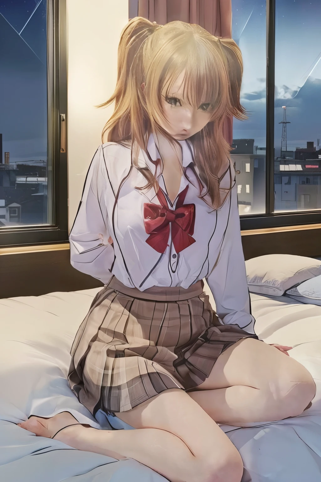 Anime girl sitting on a bed in a room with a window, visual anime de una linda chica, chica anime seductora, hermosa chica de secundaria anime, colegiala realista, una chica anime, mejor chica anime, a Hyper realistic , joven chica anime, chica anime atractiva, Hyper realistic , suave anime cg art, hanayamata