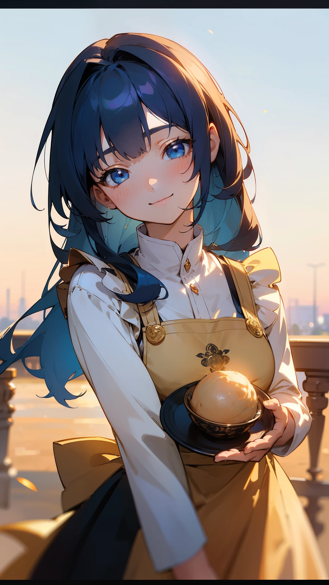 (masterpiece, highest quality)、Intricate details、8k、Sharp focus、(Bokeh) (highest quality) (Detailed skin:1.3) (Intricate details) (8k) (Fine grain) (anime)、Dark blue hair、Beautiful round blue eyes、Hair that falls over the shoulders、smile、smile、Apron dress、fine、Golden Hour Sky