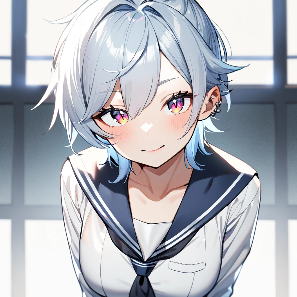 1girl,half updo,silvery white
androgynous,piercing,facing viewer,looking at viewer,shiny hair,slit pupil,sideburns,big breast,sailor uniform,bra