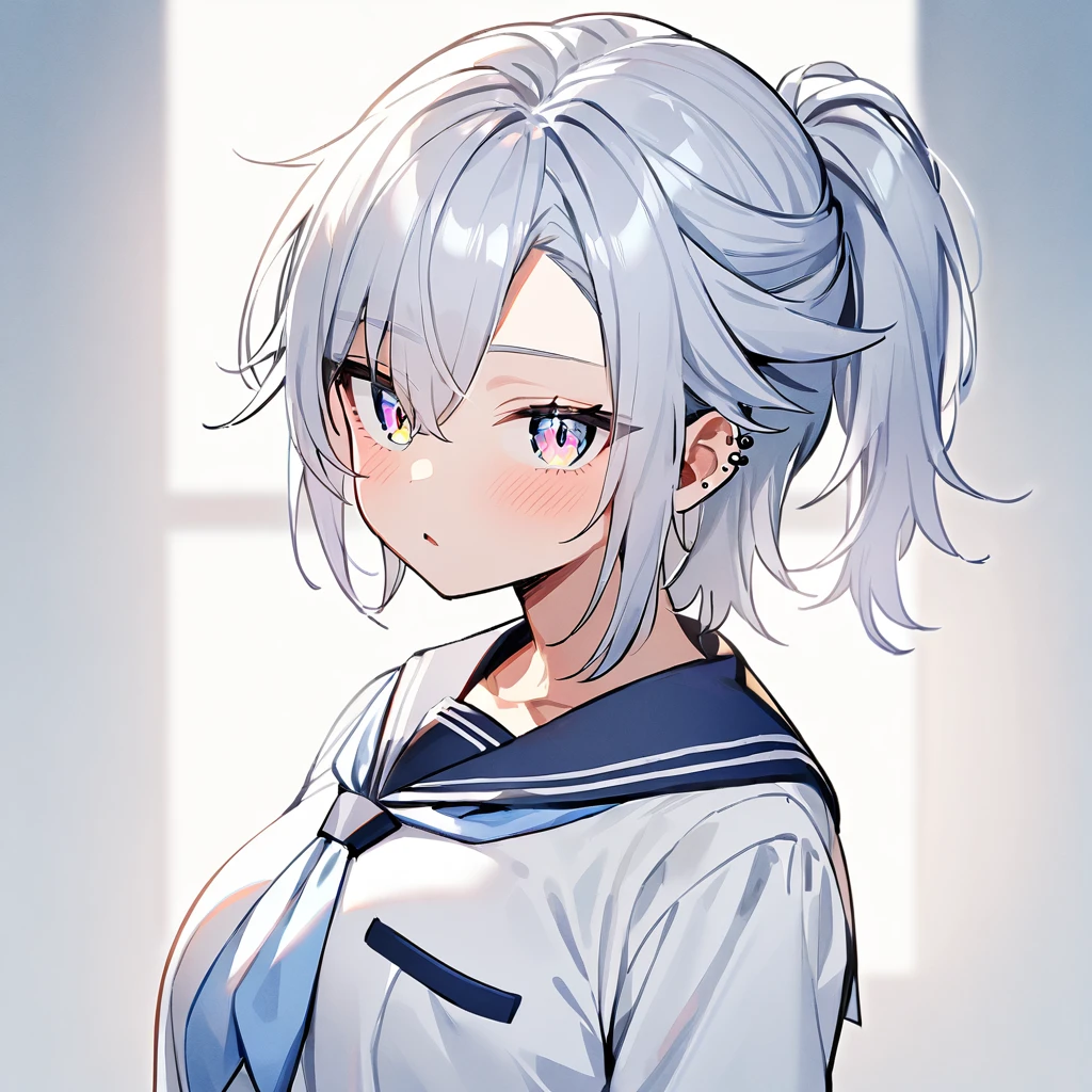 1girl,half updo,silvery white
androgynous,piercing,facing viewer,looking at viewer,shiny hair,slit pupil,sideburns,big breast,sailor uniform,bra
