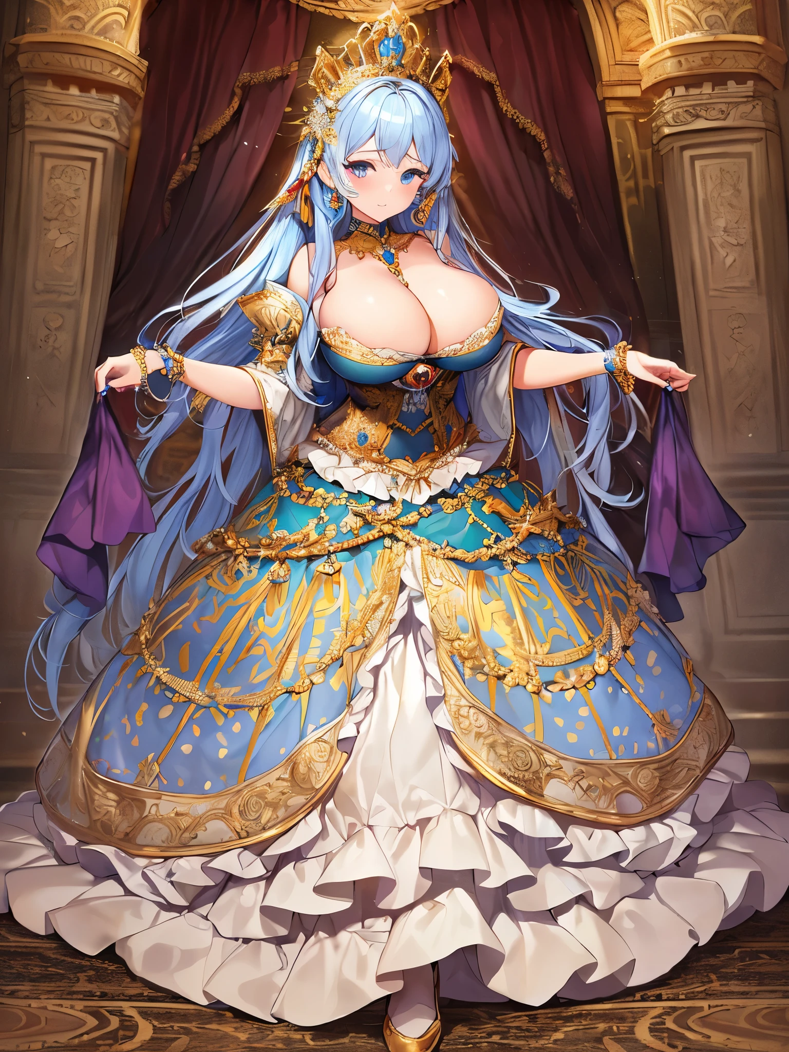 ((moe anime artstyle)),((Masterpiece)),(Best Quality),((Super Detail)),((Very Delicate and Beautiful)),((Solo)),full body,full body portrait,(((1 bling-bling princess in beautiful embroidery and jeweled gorgeous rococo ballgown with voluminous full length crinoline hoop skirt))),((((absurdly gigantic tits,absurdly sagging tits,Skindentation)))),((cleavage)),(detailed face and eyes),jewel-like eyes,((crinoline,long train)),super detailed voluminous gorgeous rococo ballgown with voluminous full length crinoline hoop skirt,(((bling-bling voluminous gorgeous rococo princess ballgown with beautiful embroidery and jeweled))),((Very Long Straight Hair,large amount of straight hair, absurdly long Straight hair)),extremely gorgeousfull hair ornament,(extremely gorgeous jeweled big tiara),luxurious jewelry,((beautiful embroidery and jeweled gorgeous rococo ballgown with voluminous full length crinoline hoop skirt)),full body