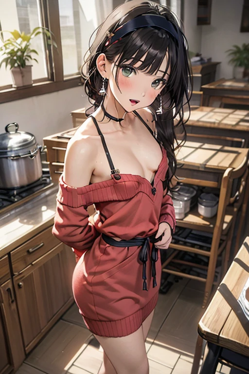 (small breasts:1.3), (perky chest:1.1), (pointed chest:1.0), (fashion magazine cover:1.3),(from above:1.0),(from side:0.9),masterpiece, 1girl, Amazing Cleavage:1.1, thin waist, big ass, Raised sexy, small breast: 1.3, posed cleavage:1.2、solo, looking at viewer, open mouth, have a cute grass of cute beergrass,black hair, dark green eyes, dress, bare shoulders, jewelry, collarbone, sidelocks, hairband, earrings, indoors, off shoulder, :o, sweater, arms behind back, plant, short hair with long locks, gild hairband, off-shoulder dress, sweater dress, off-shoulder sweater, red sweater, dark gord hair, big side hair, very long side hair,is rendered in (masterpiece: 1.2, best quality), with (ultra high resolution) and an exquisite (depth of field). This masterpiece is not only visually stunning but also tells,A scene of cooking in the kitchen by classroom