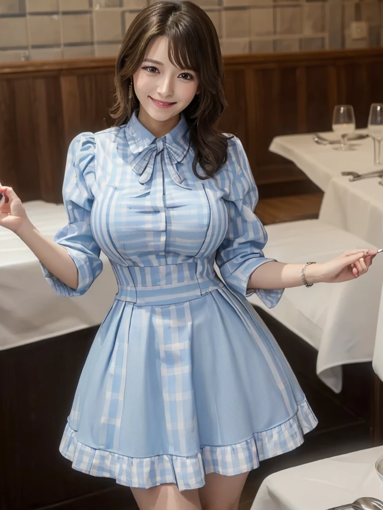 (masterpiece:1.5),(highest quality:1.5),(Highest quality:1.5),(8K:1.5),(Watching the audience),(Big Breasts:1.3),smile,(bed:1.2),Slender,Narrow waist,Beautiful and thin legs,(Gingham check light blue dress:1.2),(Family Restaurant Uniforms:1.2)